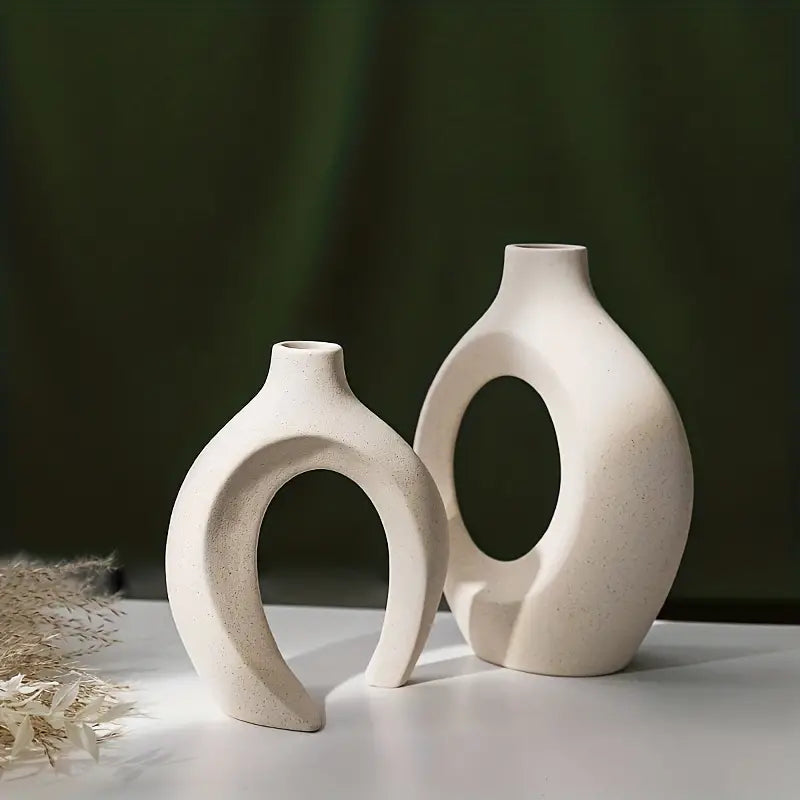 NNETM Set of 2 White Ceramic Vases - Modern Boho Decor