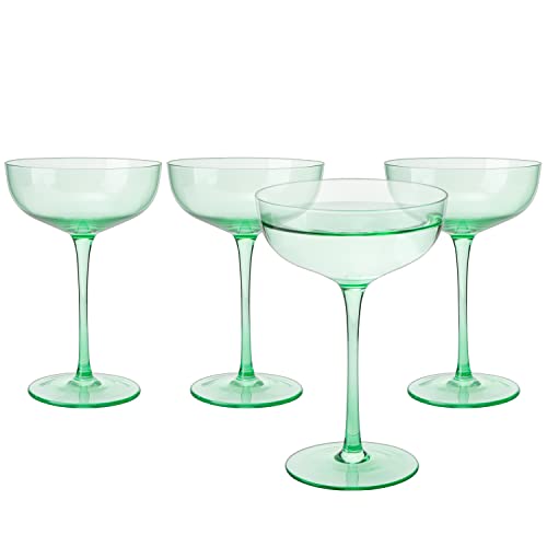 The Wine Savant Colored Coupe Glass | 7oz | Set of 4 Colorful Champagne & Cocktail Glasses, Fancy Manhattan, Crystal Martini, Cocktails Set, Margarita Bar Glassware Gift, Vintage (Green)