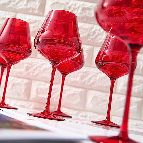 Colored Crystal Wine Glass Set of 6, Gift For Hosting, Her, Wife, Mom Friend - Large 20 oz Glasses, Unique Italian Style Tall Drinkware - Red & White, Dinner, Color Beautiful Glassware - (Bright Red)