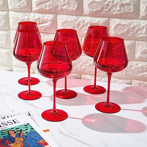 Colored Crystal Wine Glass Set of 6, Gift For Hosting, Her, Wife, Mom Friend - Large 20 oz Glasses, Unique Italian Style Tall Drinkware - Red & White, Dinner, Color Beautiful Glassware - (Bright Red)