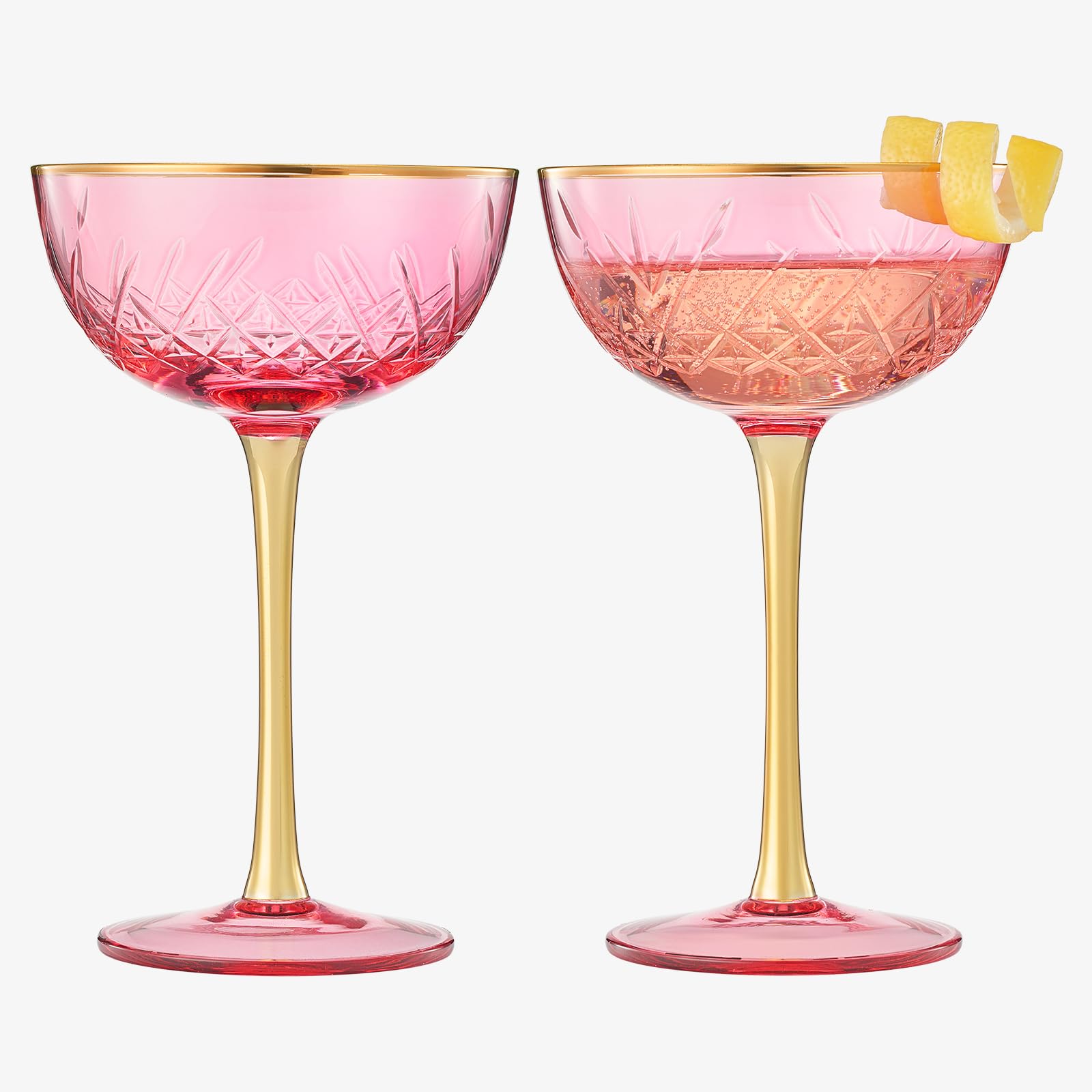 Vintage Art Deco Coupe for Champagne, Martini, Cocktails| Set of 2 | 7 oz Classic Cocktail Glassware - Manhattan, Cosmopolitan, Sidecar, Crystal Speakeasy Style Saucer Goblets with Stems (Pink)