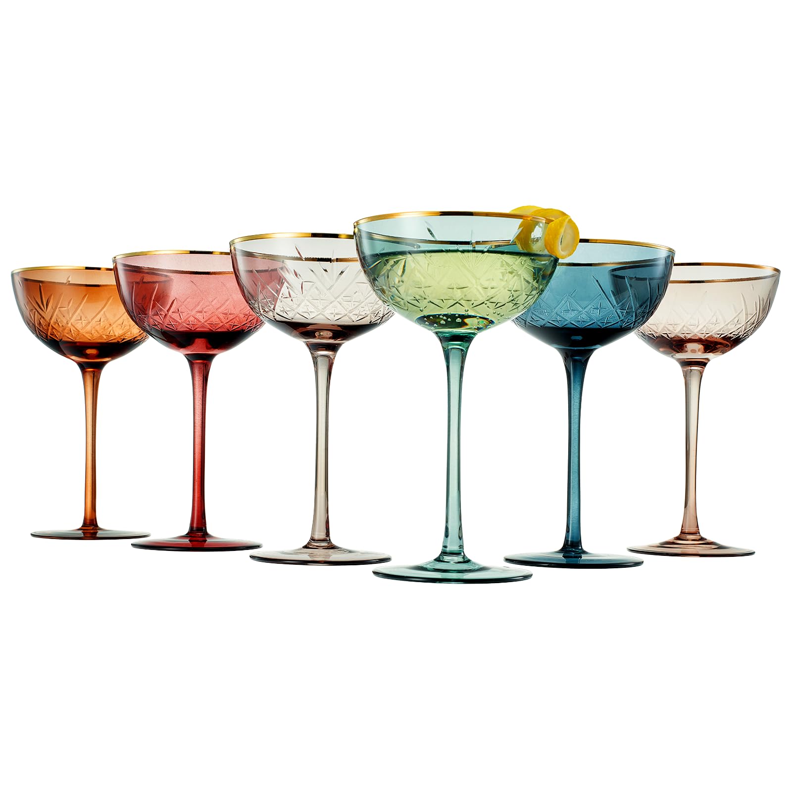 Vintage Art Deco Coupe for Champagne, Martini, Cocktails | Set of 6 | 7 oz Classic Cocktail Glassware - Manhattan, Cosmopolitan, Sidecar, Crystal Speakeasy Style Saucer Goblets with Stems (Muted)