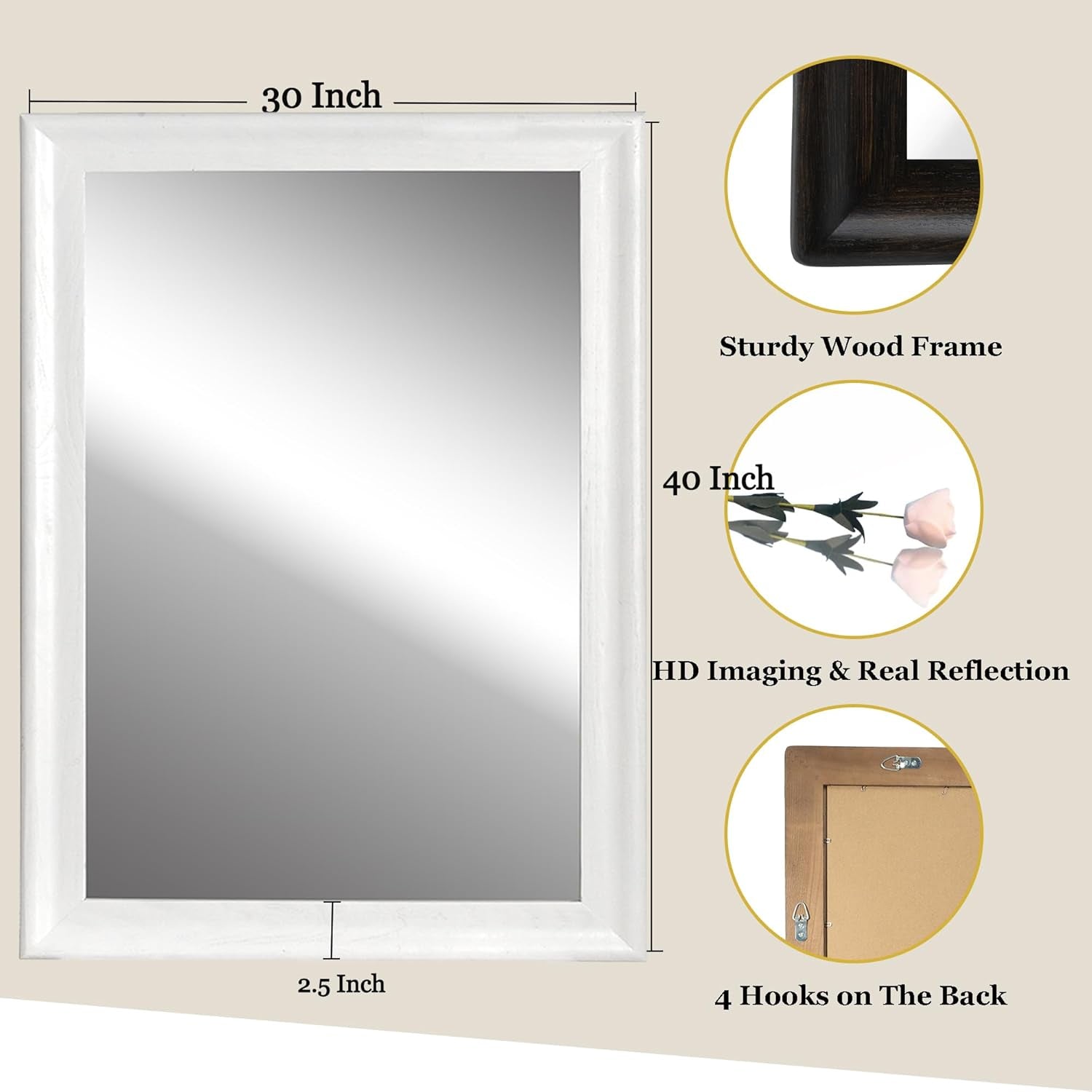 White Wood Wall Mirror for Bathroom,Rectangle Rustic Large 30 X 40 Inch Hanging Vanity Mirrors with Wooden Frame for Living Room,Bedroom,Entryway (30X40 Inch, White)