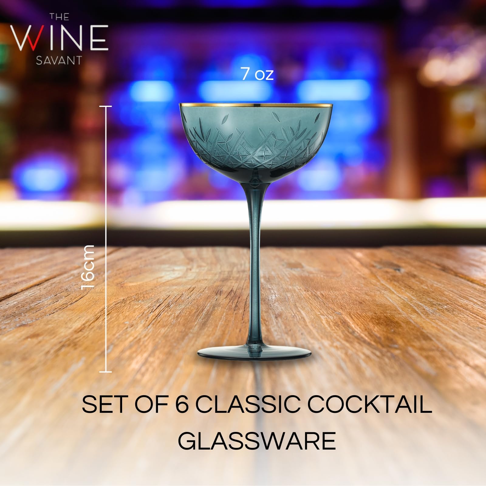 Vintage Art Deco Coupe for Champagne, Martini, Cocktails | Set of 6 | 7 oz Classic Cocktail Glassware - Manhattan, Cosmopolitan, Sidecar, Crystal Speakeasy Style Saucer Goblets with Stems (Muted)