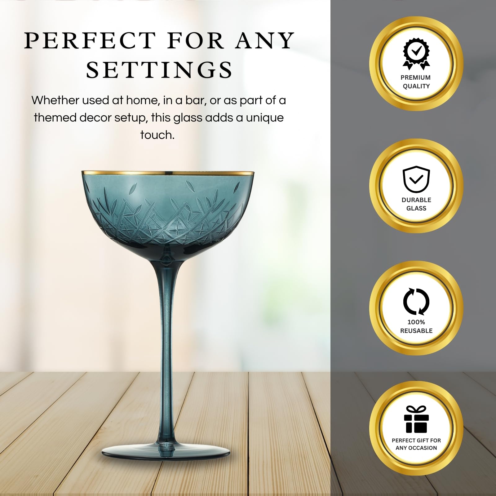 Vintage Art Deco Coupe for Champagne, Martini, Cocktails | Set of 6 | 7 oz Classic Cocktail Glassware - Manhattan, Cosmopolitan, Sidecar, Crystal Speakeasy Style Saucer Goblets with Stems (Muted)