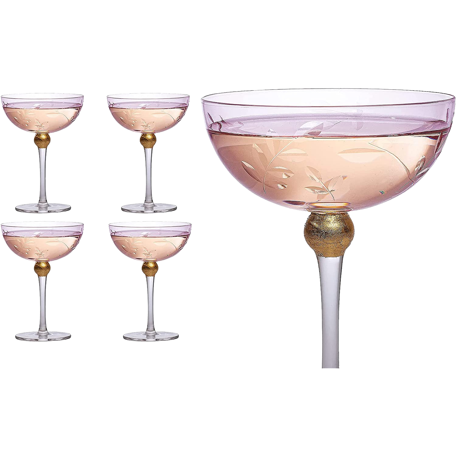 Colored Coupe Art Deco Glasses, Gold | Set of 4 | 8 oz Classic Cocktail Glassware for Champagne, Martini, Manhattan, Sidecar, Crystal Speakeasy Style Goblets Stems (Pink)