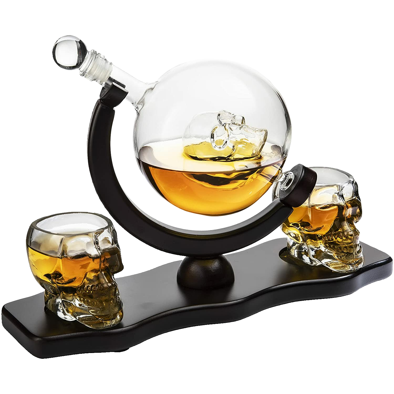 Skull Skeleton Wine & Whiskey Globe Decanter Set - 850 mL With 2 Skull Head 3oz Skeletons Shot Glasses + Mahogany Wooden Base Goth Spooky Drinking Glassware