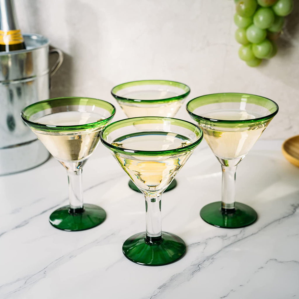 Mexican Hand Blown Martini & Margarita Glasses - Green Rim Detailed - Set of 4-10oz - Carmen Cinco de Mayo - Luxury Mexican Glassware Thick, Juice & Cocktail For Holidays & Celebration Confetti