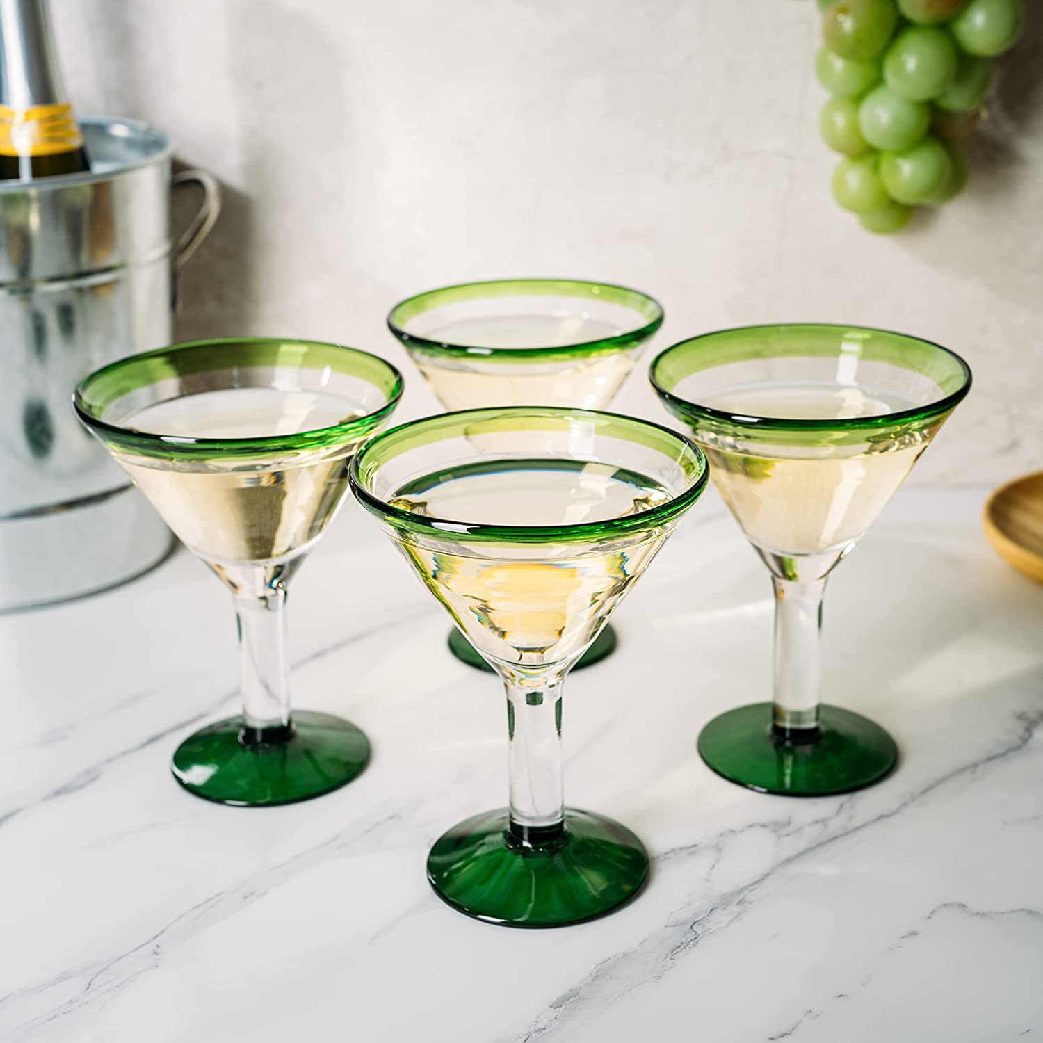 Mexican Hand Blown Martini & Margarita Glasses - Green Rim Detailed - Set of 4-10oz - Carmen Cinco de Mayo - Luxury Mexican Glassware Thick, Juice & Cocktail For Holidays & Celebration Confetti
