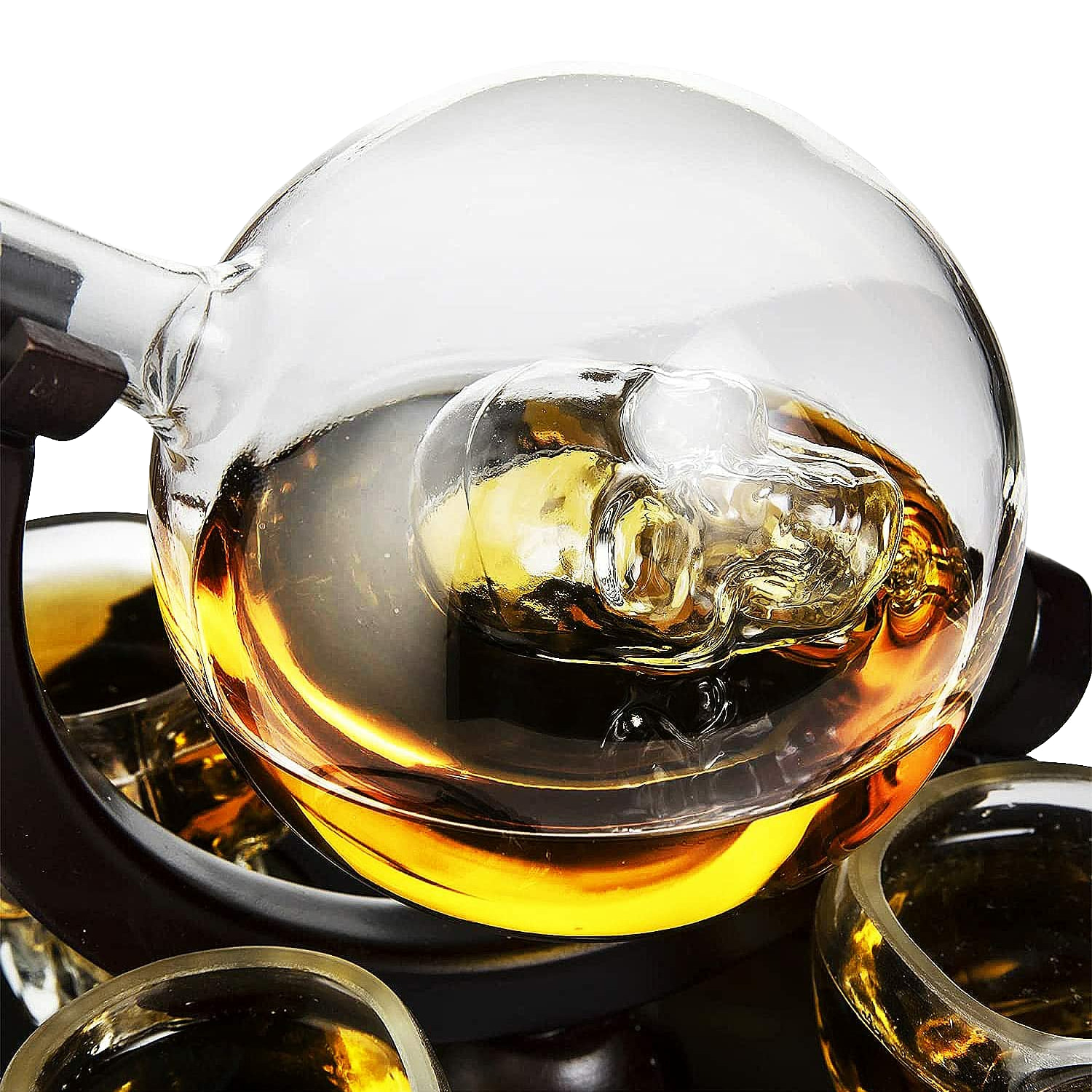 Skull Skeleton Wine & Whiskey Globe Decanter Set - 850 mL With 2 Skull Head 3oz Skeletons Shot Glasses + Mahogany Wooden Base Goth Spooky Drinking Glassware