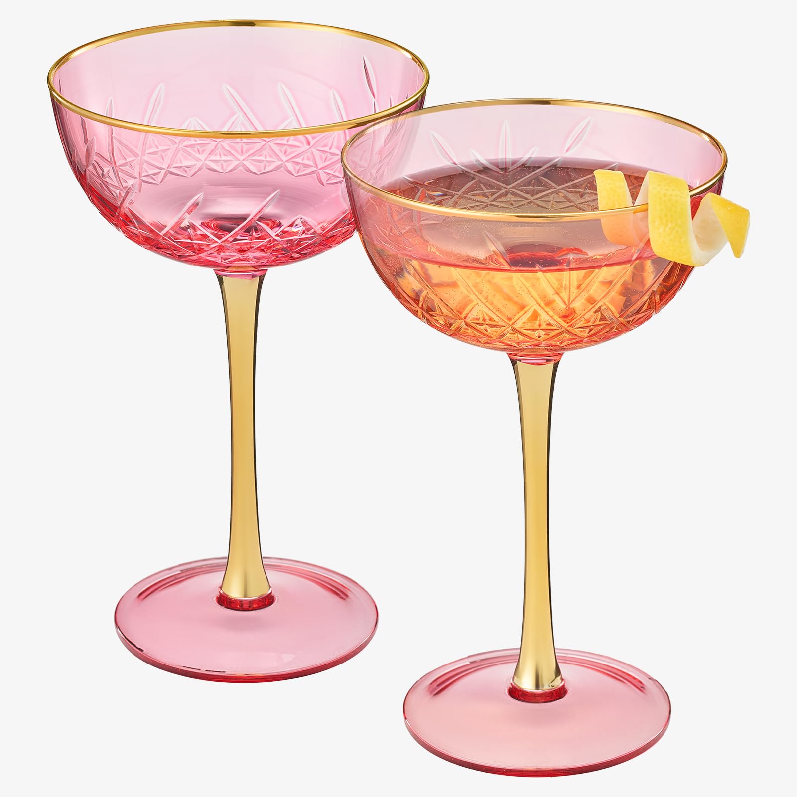 Vintage Art Deco Coupe for Champagne, Martini, Cocktails| Set of 2 | 7 oz Classic Cocktail Glassware - Manhattan, Cosmopolitan, Sidecar, Crystal Speakeasy Style Saucer Goblets with Stems (Pink)