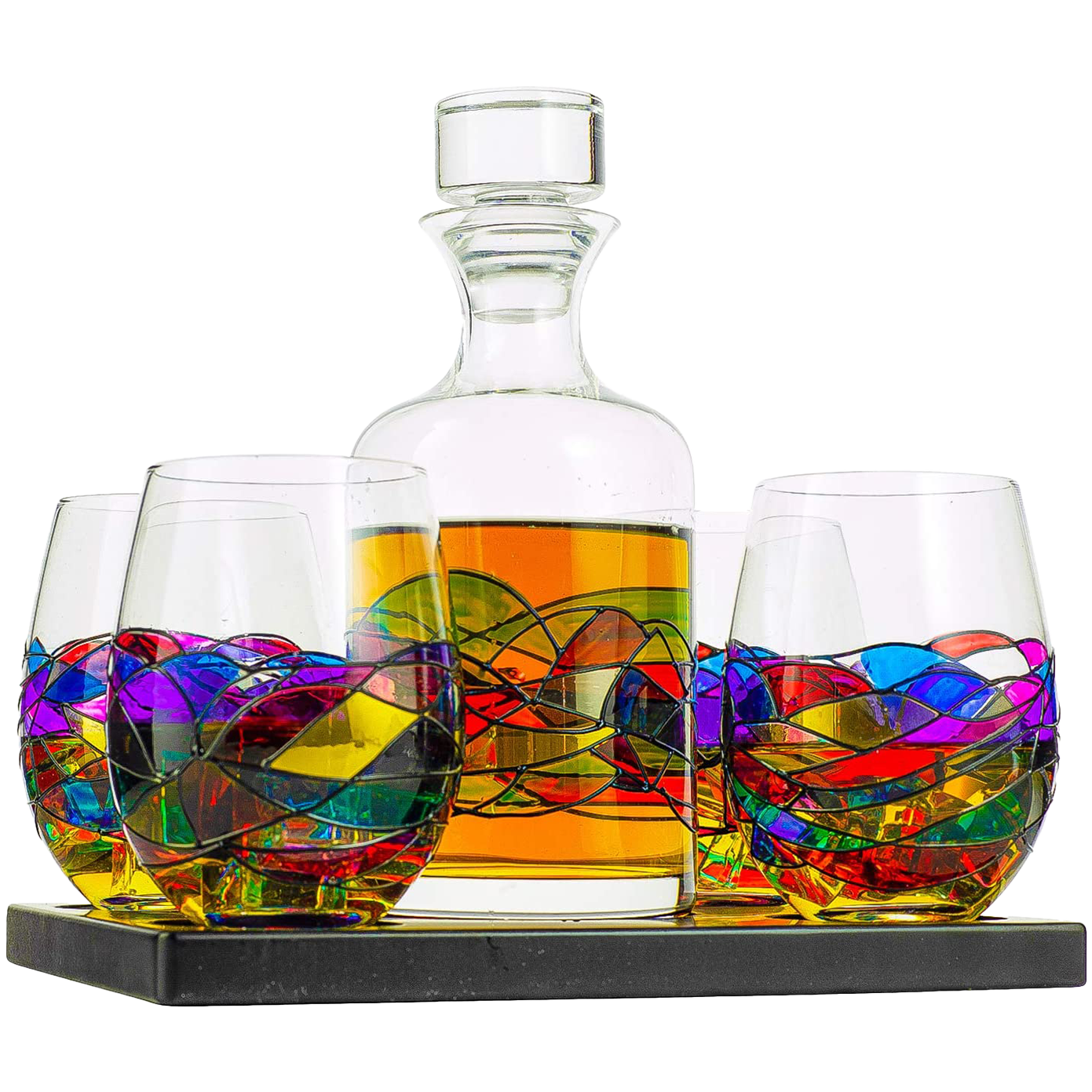 Artisanal Hand Painted Glassware Gift for Mom, Wife, Friend - Artisanal Barcelona Hand Painted Whiskey & Wine Decanter Set, Rennesance Romantic Stain-glassed Windows Glasses - Mothers Day
