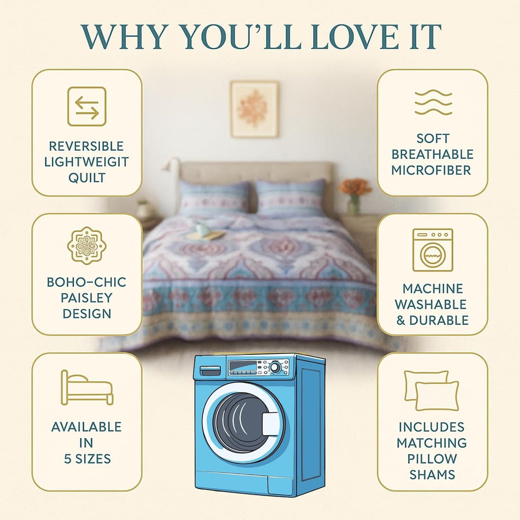 DaDa Bedding Bohemian Summertime White Blue Floral Paisley Bedspread Set (KSX-003)