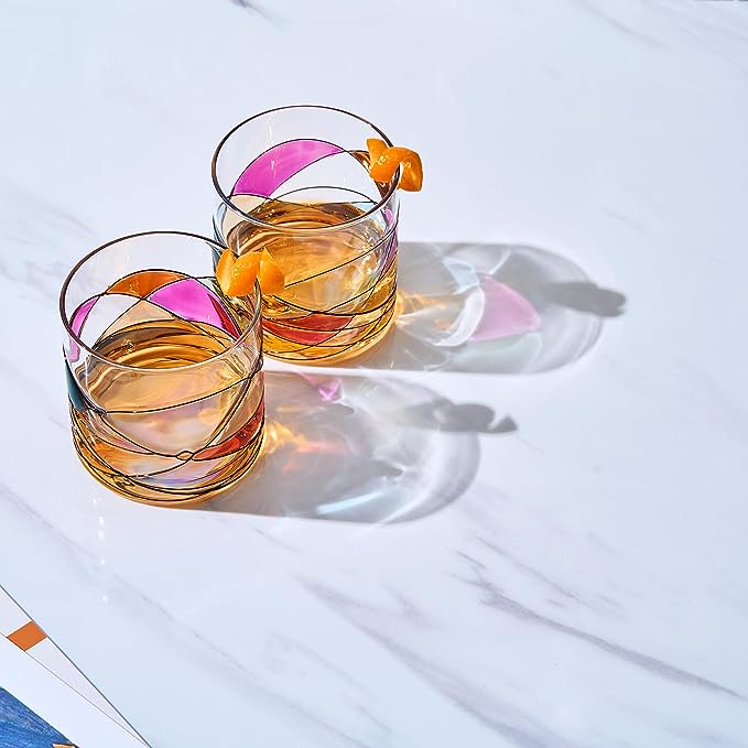 Artisanal Hand Painted Whiskey - Gift for Dad, Friends, Boyfriends, Renaissance Romantic Stain-glassed Windows Cocktail Glasses Set of 2 - Gift Idea for Birthday, Housewarming - 9.6 OZ Glassware