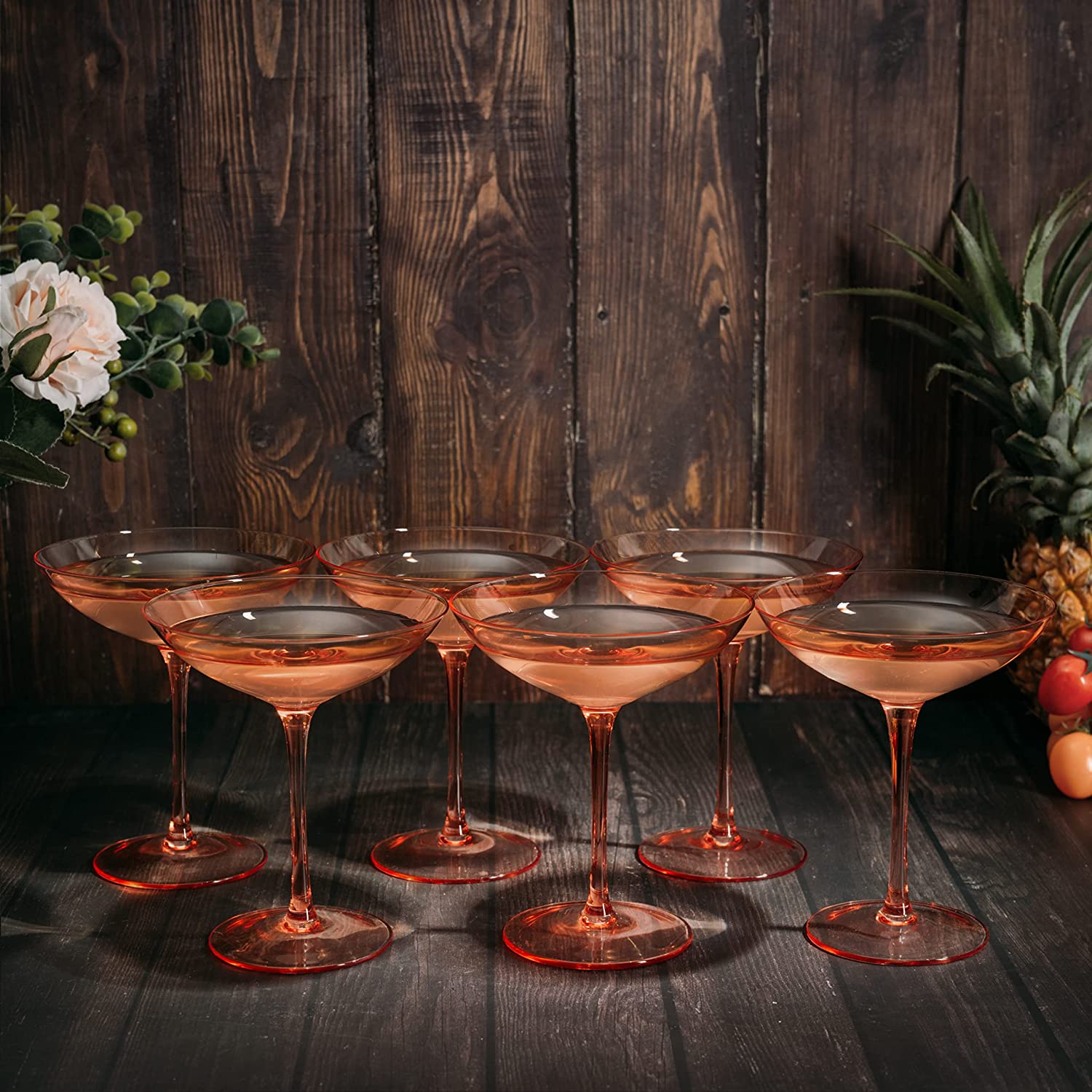 The Wine Savant Colored Vintage Glass Coupes 12oz Colorful Cocktail, Martini & Champagne Glasses, Prosecco, Mimosa Glasses Set, Cocktail Glass Set, Bar Glassware Luster Glasses (6, Orange)