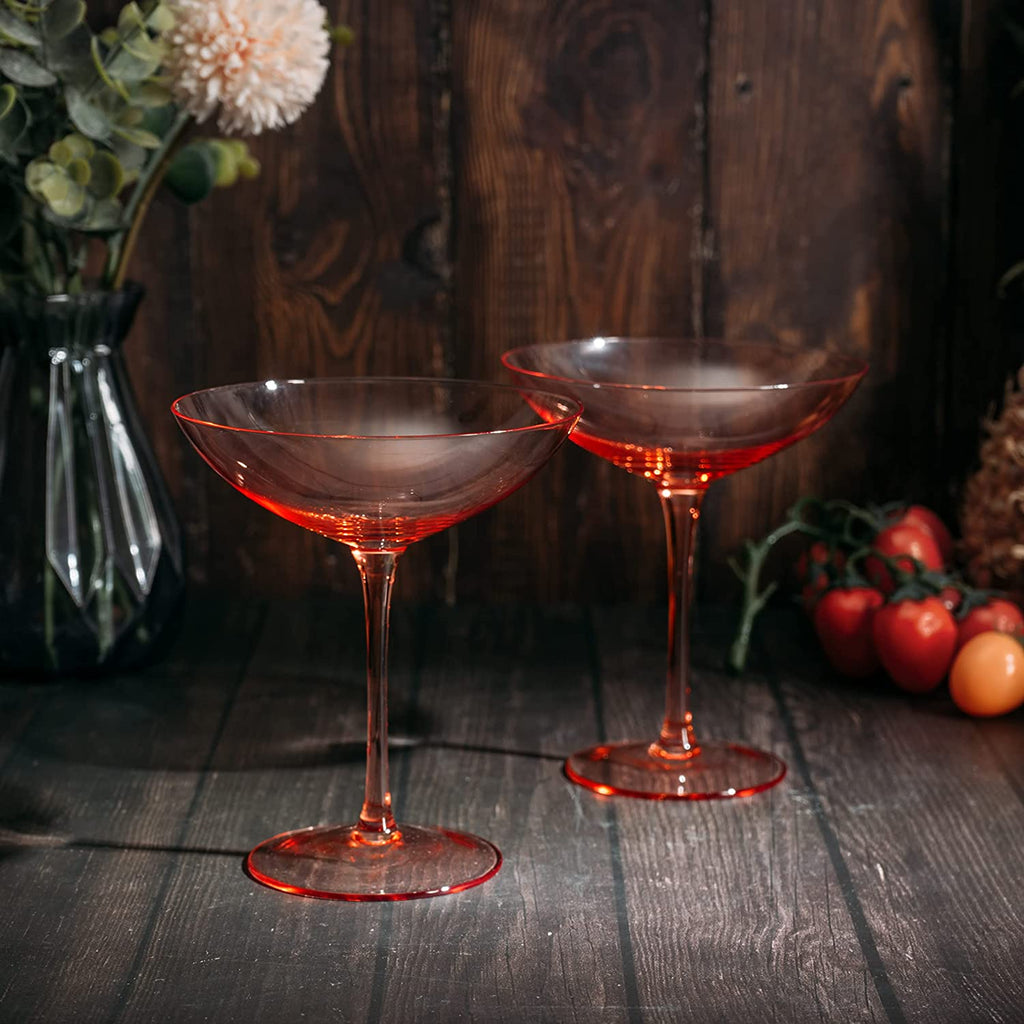 The Wine Savant Champagne Coupes 12oz Colorful Champagne Glasses, Prosecco, Mimosa Glasses Set, Cocktail Glass Set, Bar Glassware Luster Glasses (2, Orange)