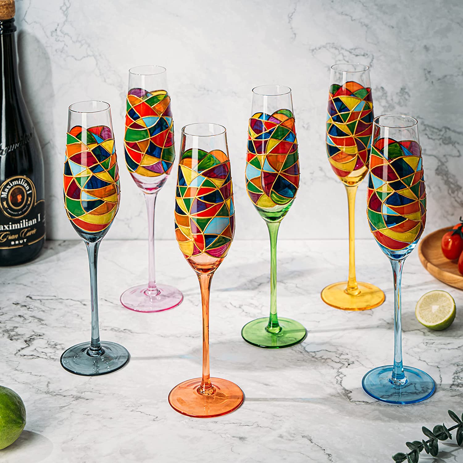 Stained Glass Champagne Flutes Set of 6 Hand Painted - Wine Savant - Hand Blown 7 Ounce Colorful Renaissance Champagne Glasses - 10.2" Tall, 2.7" Diameter Rainbow Multicolor Design Glassware