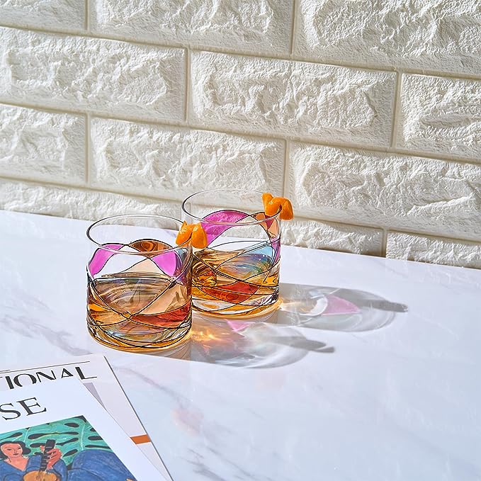 Artisanal Hand Painted Whiskey - Gift for Dad, Friends, Boyfriends, Renaissance Romantic Stain-glassed Windows Cocktail Glasses Set of 2 - Gift Idea for Birthday, Housewarming - 9.6 OZ Glassware