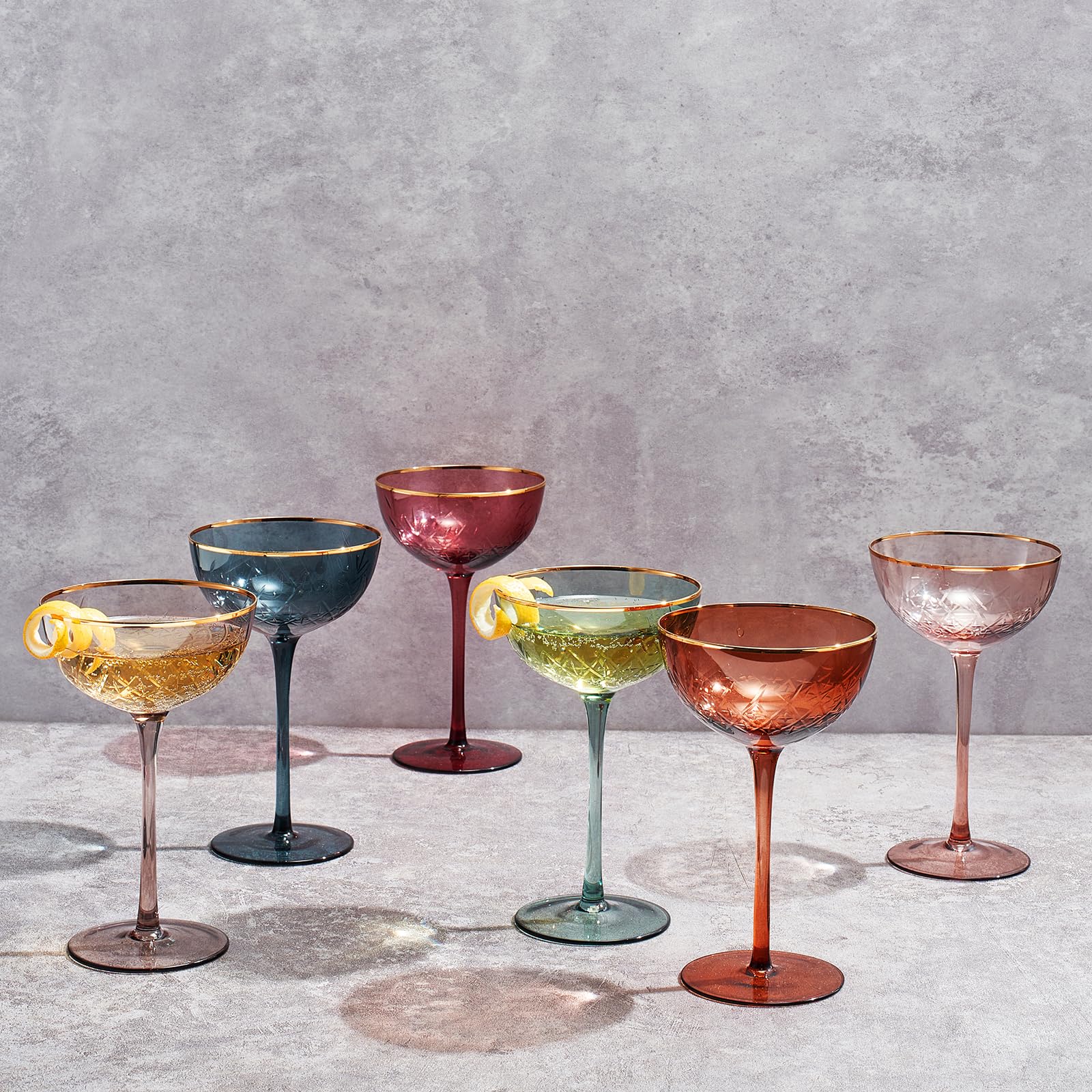 Vintage Art Deco Coupe for Champagne, Martini, Cocktails | Set of 6 | 7 oz Classic Cocktail Glassware - Manhattan, Cosmopolitan, Sidecar, Crystal Speakeasy Style Saucer Goblets with Stems (Muted)