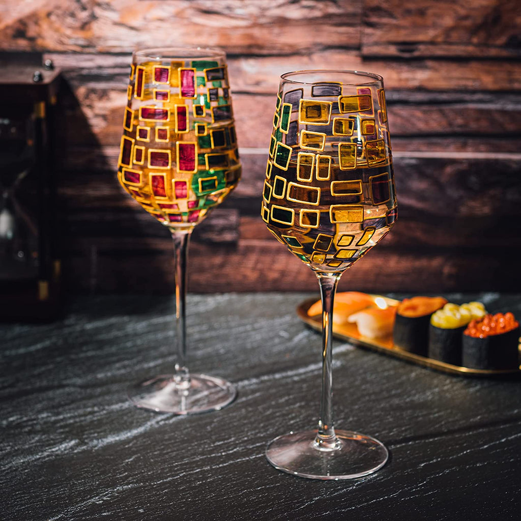 The Wine Savant Renaissance Stained Glass Windows, Artisanal Hand Painted Glassware Gift Idea Her, Him, Birthday, Mom, Housewarming, Gifts Ideas for Women & Men Art Deco (Stemmed Wine Glasses)