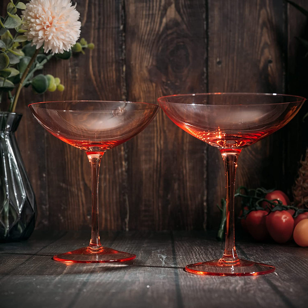 The Wine Savant Champagne Coupes 12oz Colorful Champagne Glasses, Prosecco, Mimosa Glasses Set, Cocktail Glass Set, Bar Glassware Luster Glasses (2, Orange)