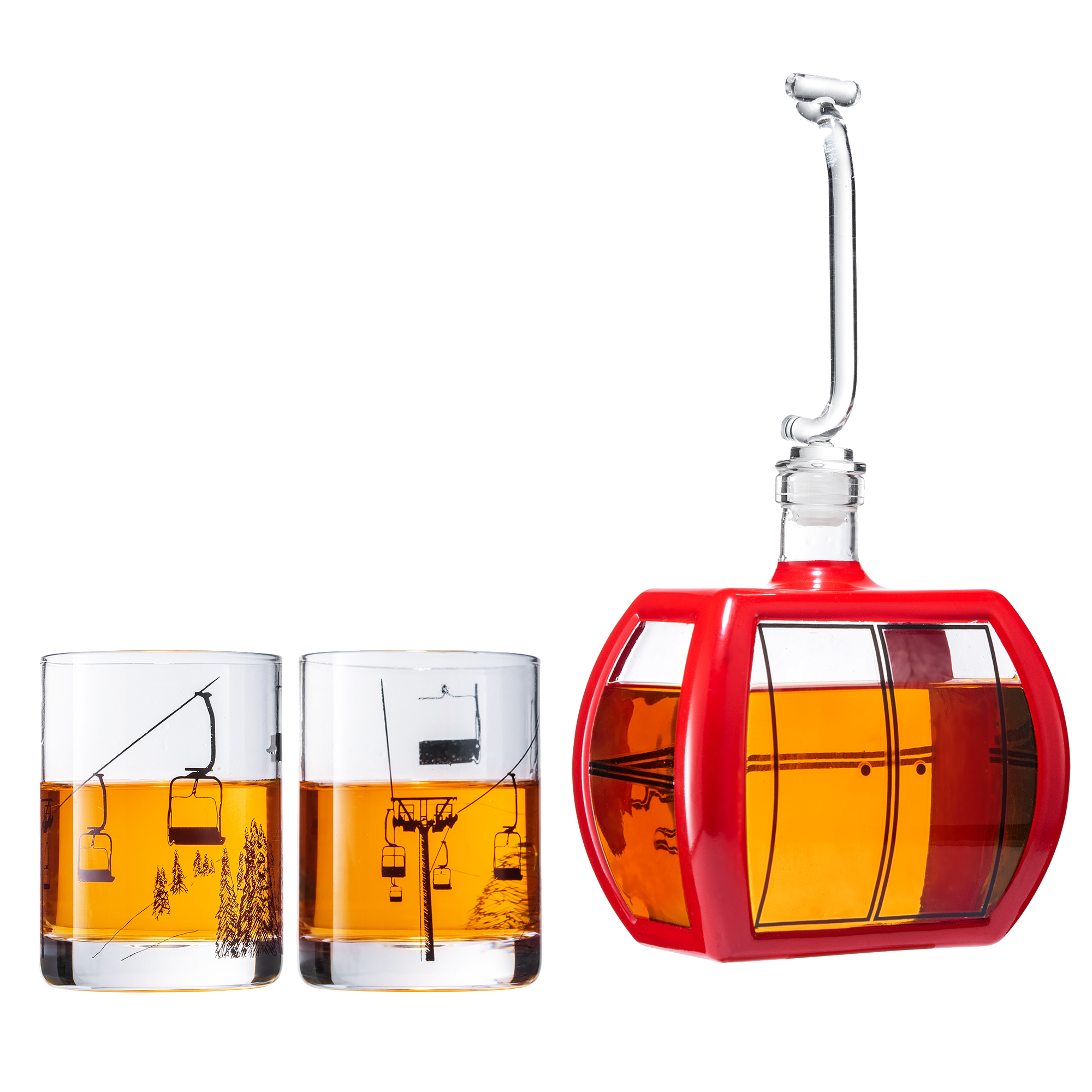 Ski Mountain Gondola Decanter & Glasses for Wine & Whiskey - 34oz - Two 10oz Snow Mountains Chairlift Glassware - Ski Home Decor - Skiier & Snowboarder Gifts, Vintage, Winter Skiers Decorations Gift