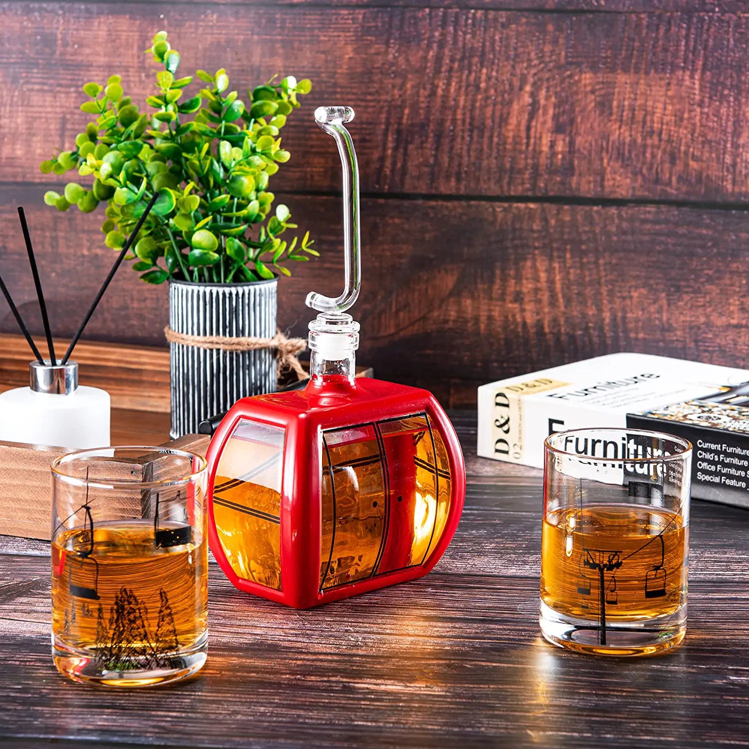 Ski Mountain Gondola Decanter & Glasses for Wine & Whiskey - 34oz - Two 10oz Snow Mountains Chairlift Glassware - Ski Home Decor - Skiier & Snowboarder Gifts, Vintage, Winter Skiers Decorations Gift