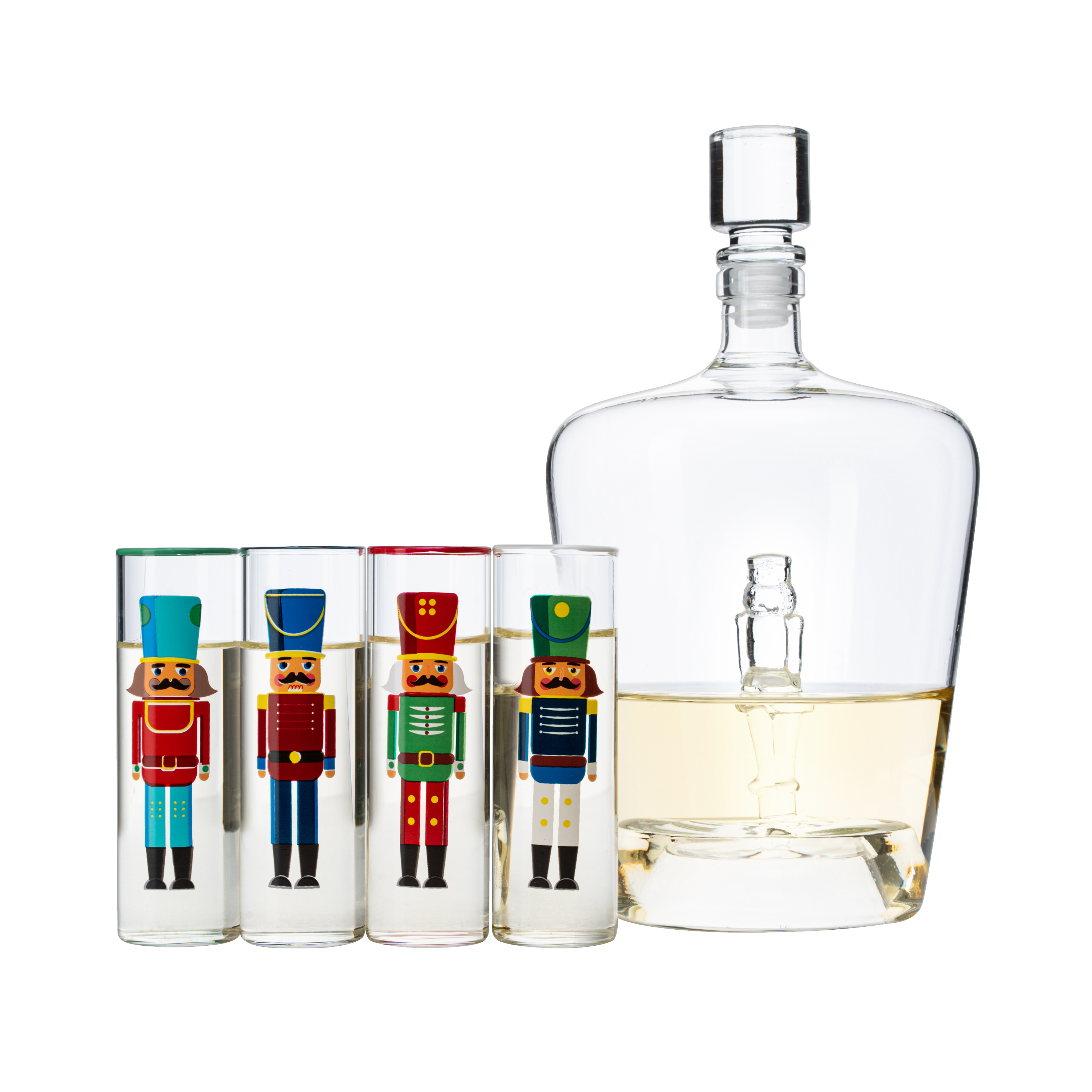 Nutcracker Decanter & Glasses, Set of 5 - Glassware Nutcrackers Theme & Shot Glass, Wine & Spirits - 40oz Bottle & 2oz - Holiday Spirit & Cheer Decor, Festive Themed Winter, Xmas Decorations