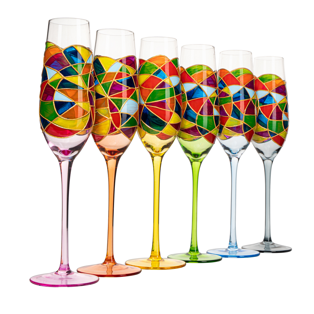 Stained Glass Champagne Flutes Set of 6 Hand Painted - Wine Savant - Hand Blown 7 Ounce Colorful Renaissance Champagne Glasses - 10.2" Tall, 2.7" Diameter Rainbow Multicolor Design Glassware