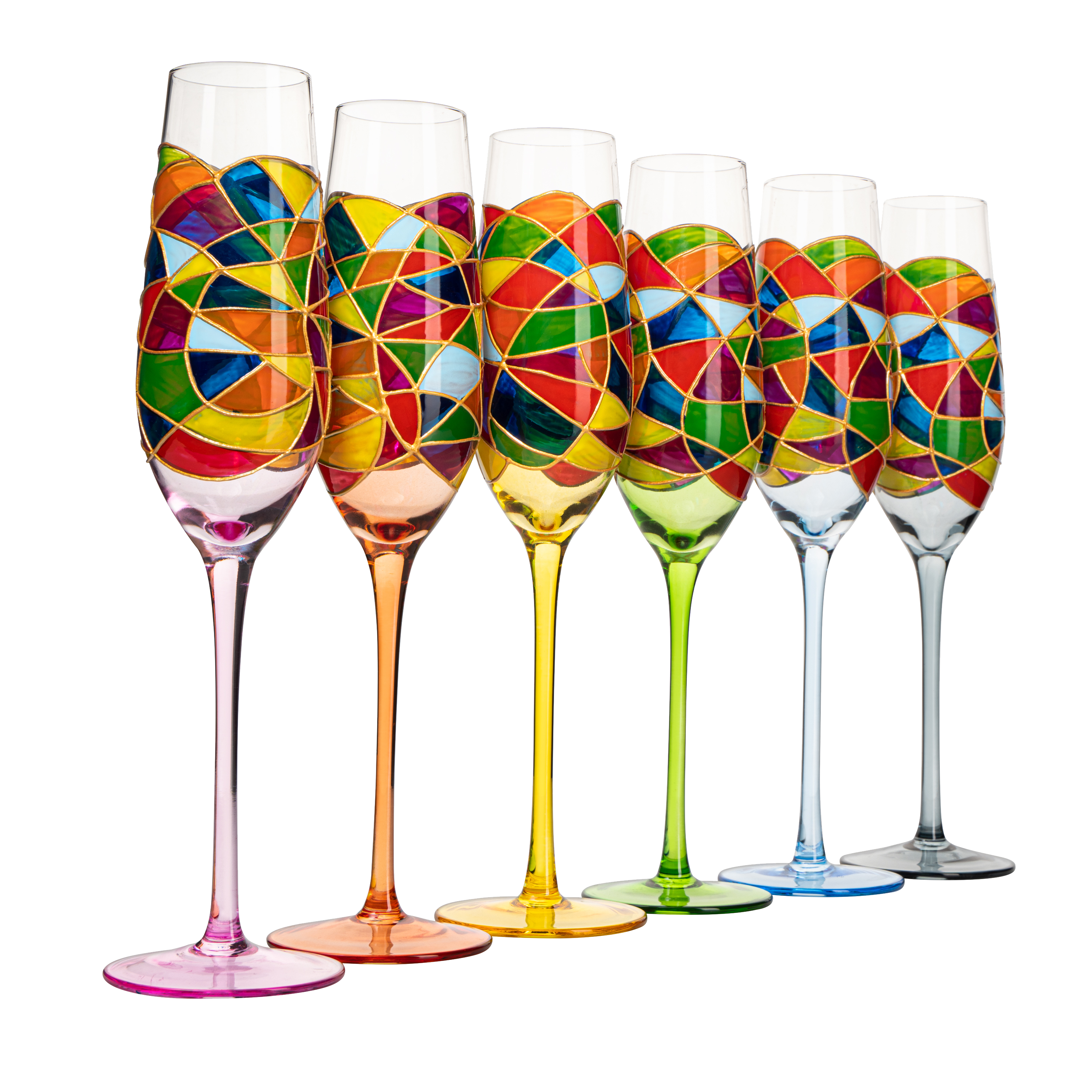 Stained Glass Champagne Flutes Set of 6 Hand Painted - Wine Savant - Hand Blown 7 Ounce Colorful Renaissance Champagne Glasses - 10.2" Tall, 2.7" Diameter Rainbow Multicolor Design Glassware