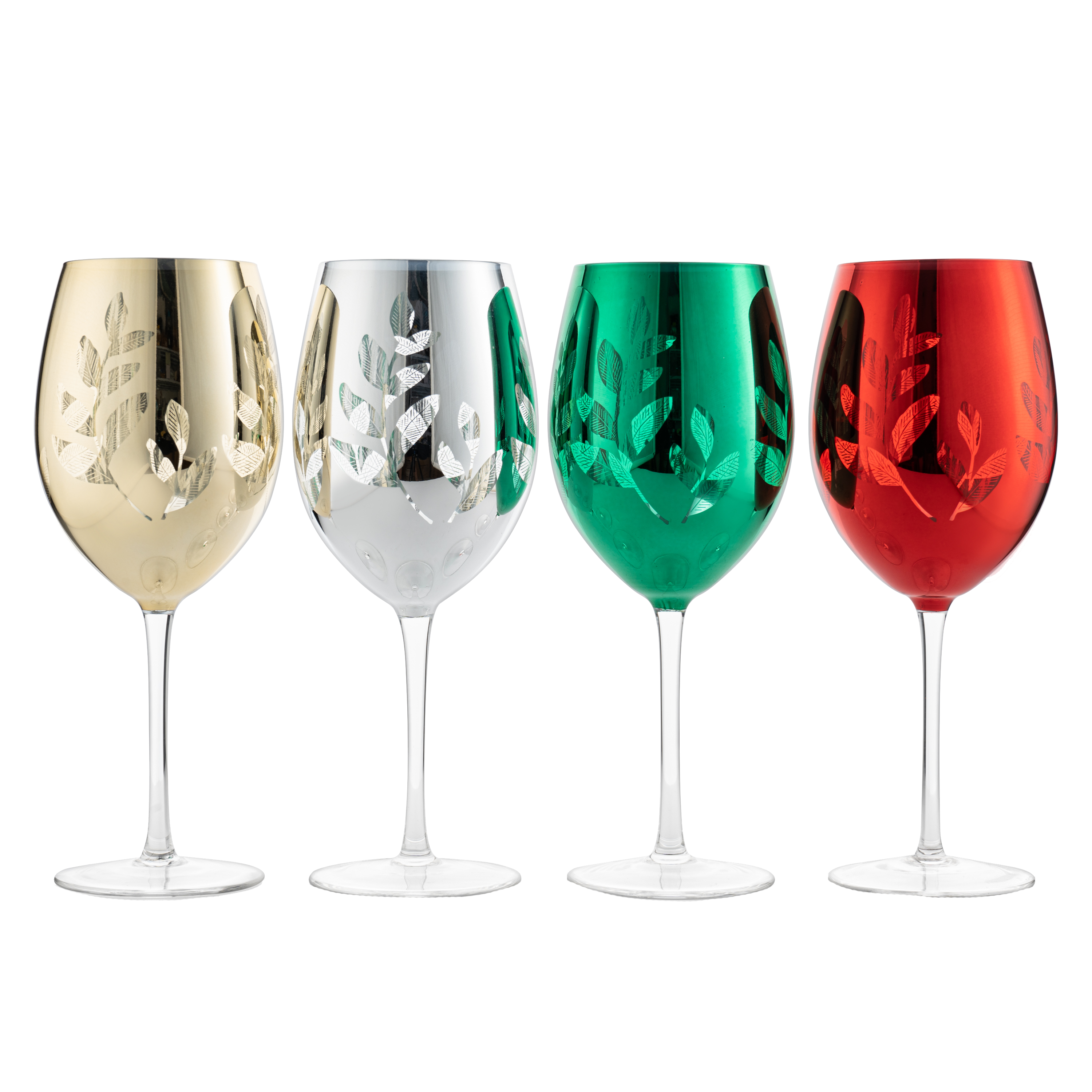 Multicolor 4-Piece Tree Stemless Wine & Water Glasses - Shining Red Green Yellow Silver, Perfect Housewarming Parties, Unique, Elegant Glassware, Glass Trees Decor, Kitchen Home Decorations (Stemmed)