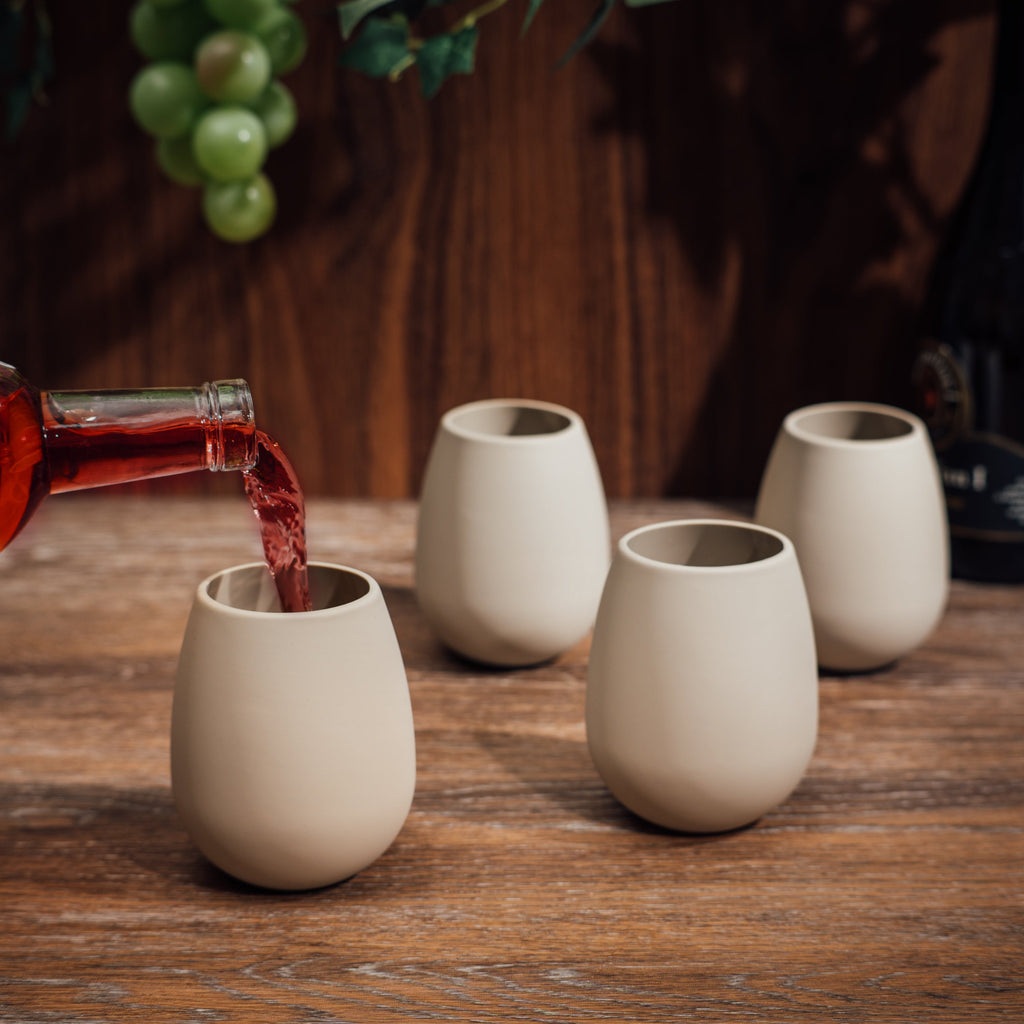 Unbreakable Silicone Stemless Wine Glassware | Set of 4 | Reusable & Shatterproof Tumbler Drinkware for Wine, Water, Cocktails, Champagne Glass for Parties, Camping, Beaches, Boats - (Tan)