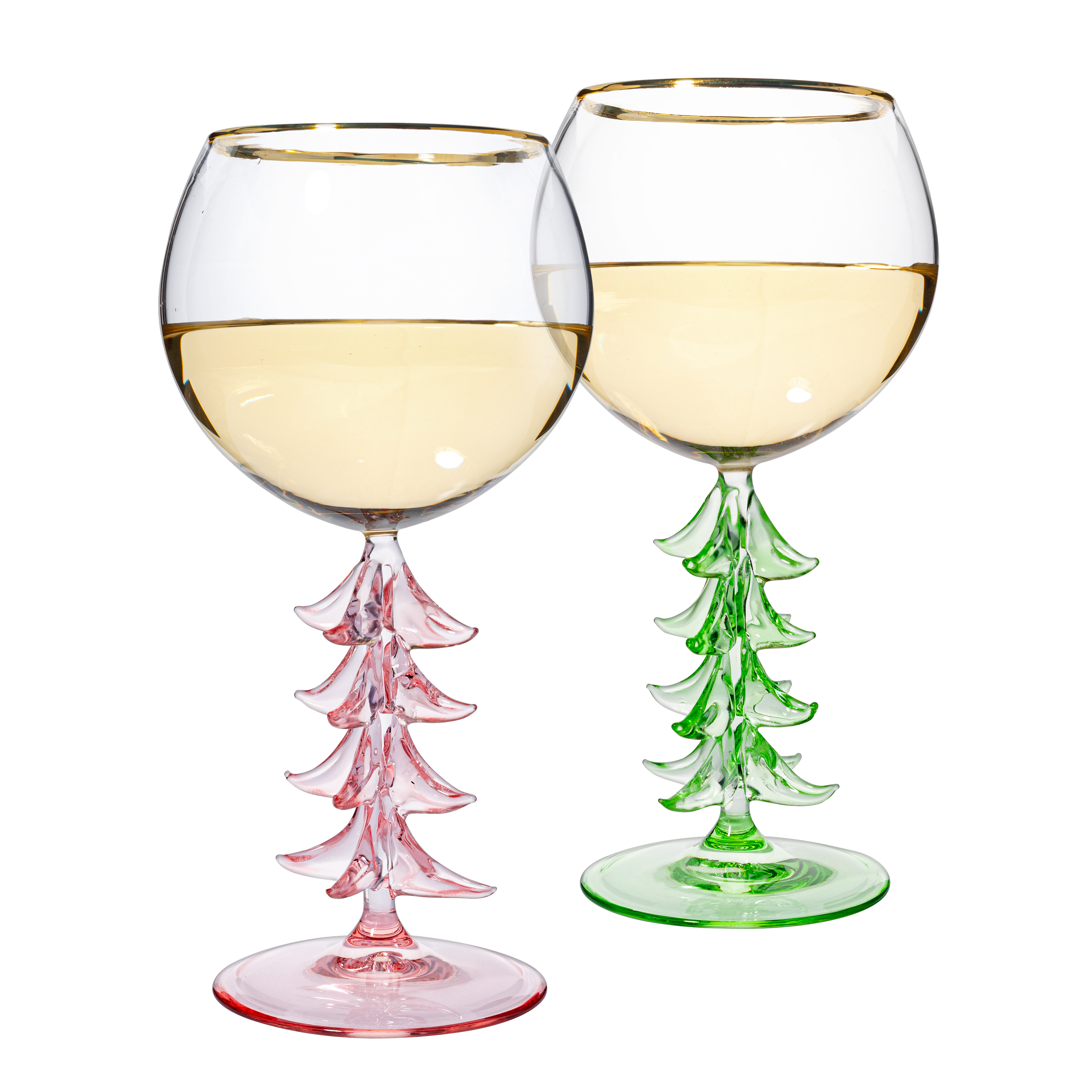 Crystal Christmas Holiday Tree Stemmed Wine Glass - Pink & Green - 12oz Goblet Bordeaux Gold Rim Colored Glassware, Cheerful Party Festive New Years Cheer for Holiday Gift Xmas & Winter Season