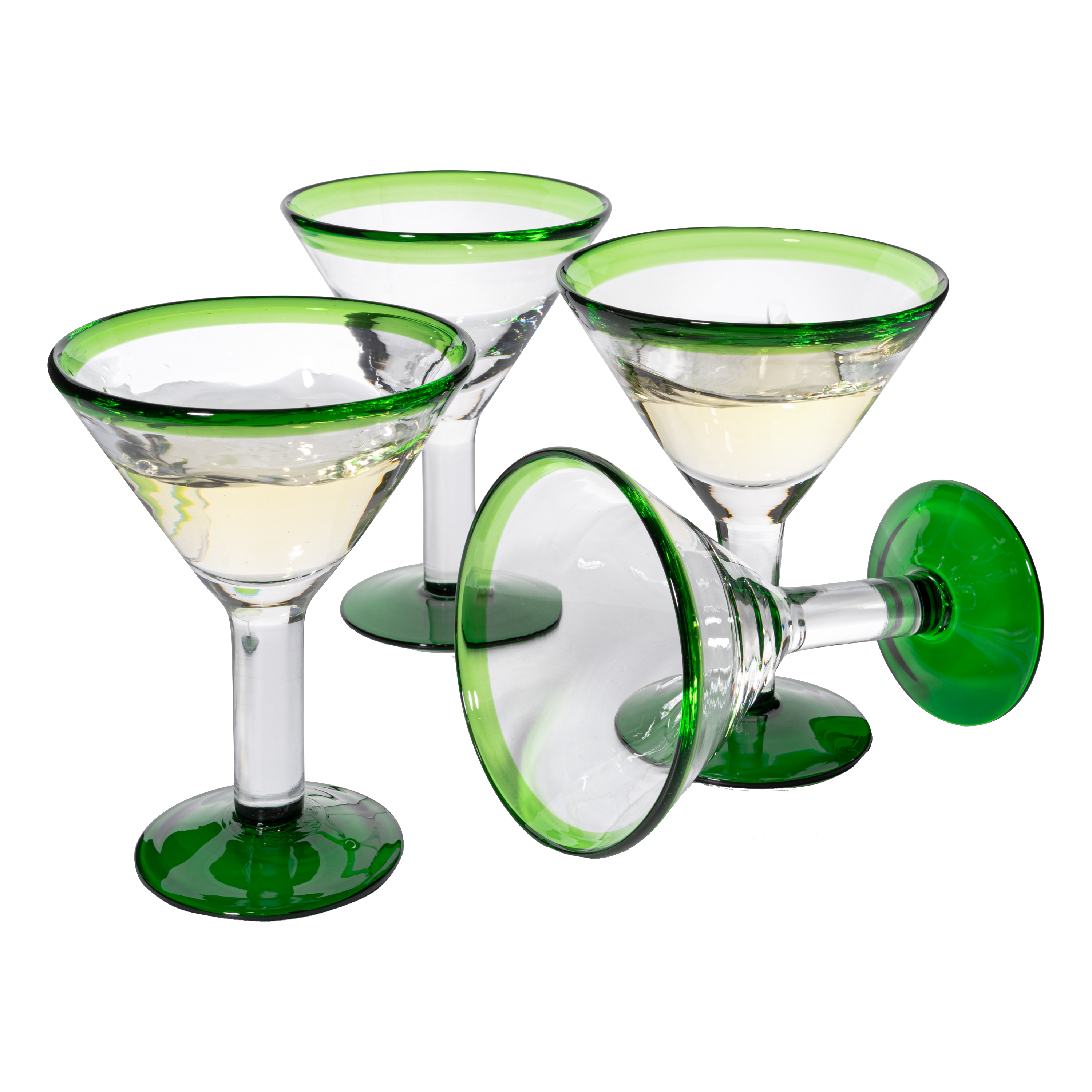 Mexican Hand Blown Martini & Margarita Glasses - Green Rim Detailed - Set of 4-10oz - Carmen Cinco de Mayo - Luxury Mexican Glassware Thick, Juice & Cocktail For Holidays & Celebration Confetti