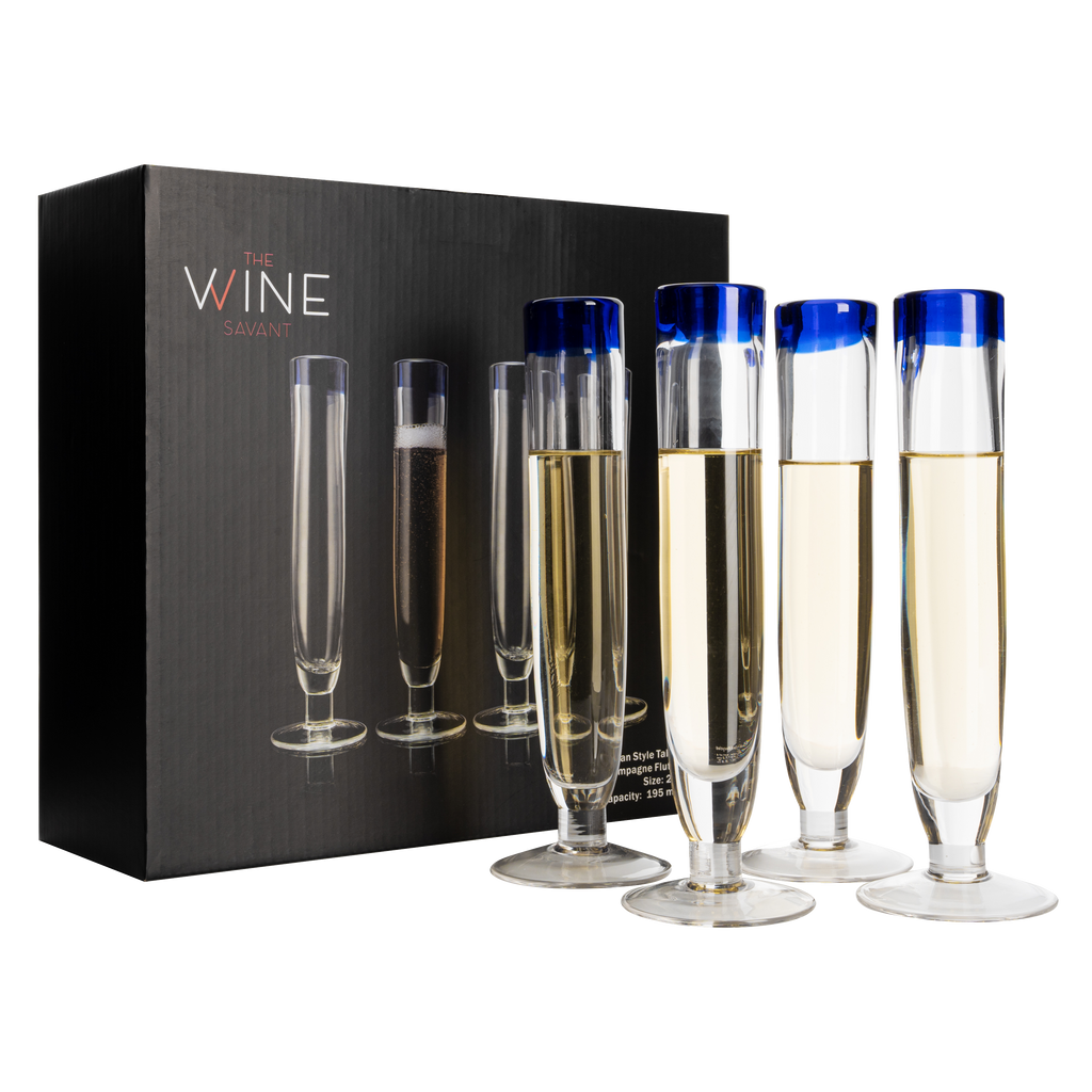 Tall Recycled Champagne Flutes - Set of 4 - Mexican Hand Blown Cobalt Blue Rim Flute – Luxury Mexican Thick Glassware 7oz, Juice & Cocktail Drinking Glass Holiday Celebration, Weddings, Anniversary