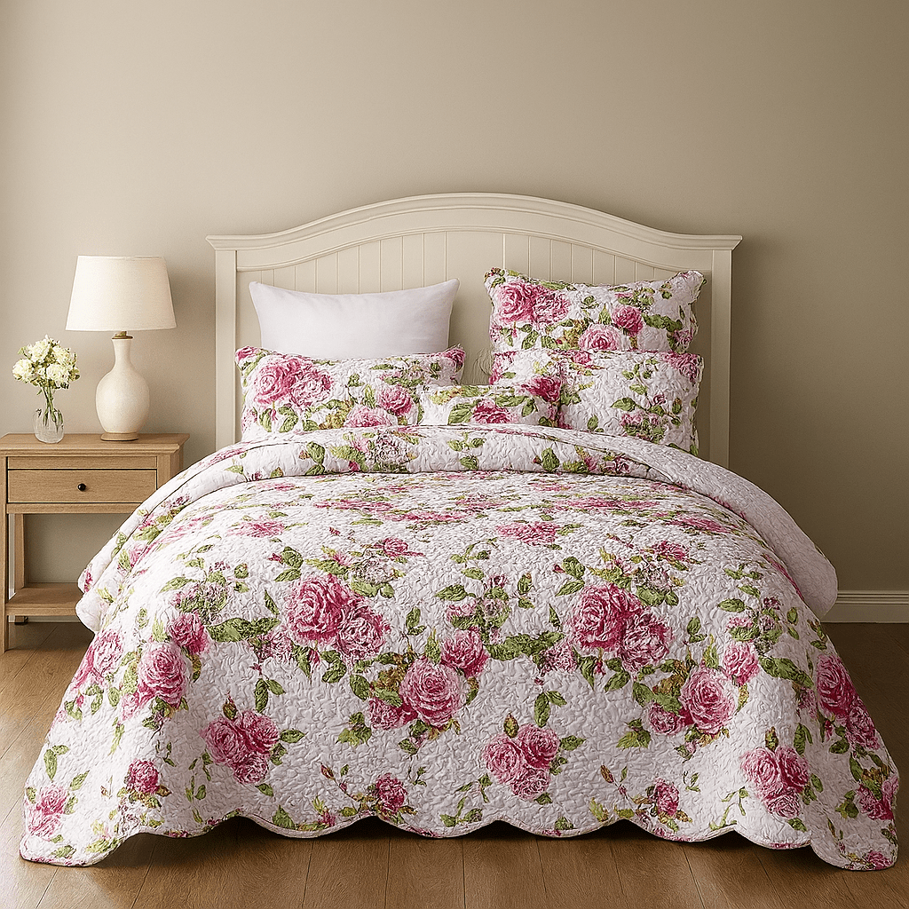 DaDa Bedding Romantic Roses Lovely Spring Pink Floral Quilted Scalloped Bedspread Set (JHW879)
