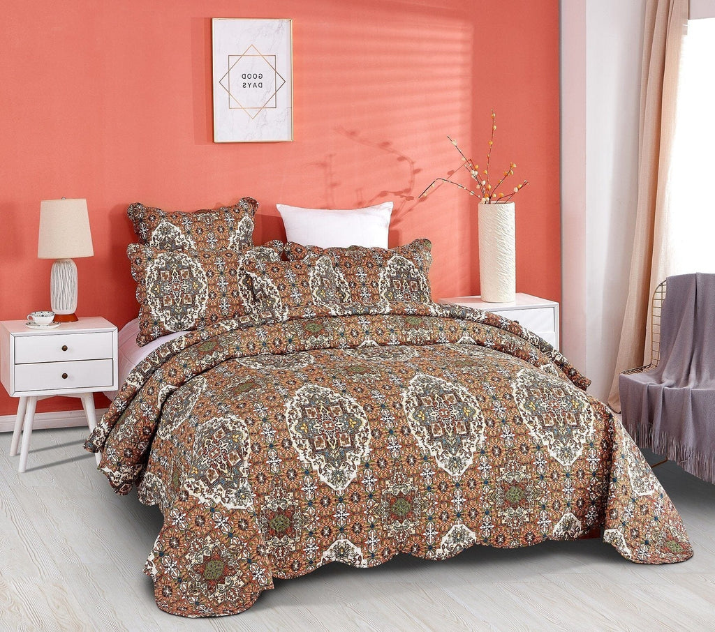 DaDa Bedding Rustic Earthy Cross Motif Folk Ogee Moroccan Scalloped Quilted Bedspread Set (JHW-944)