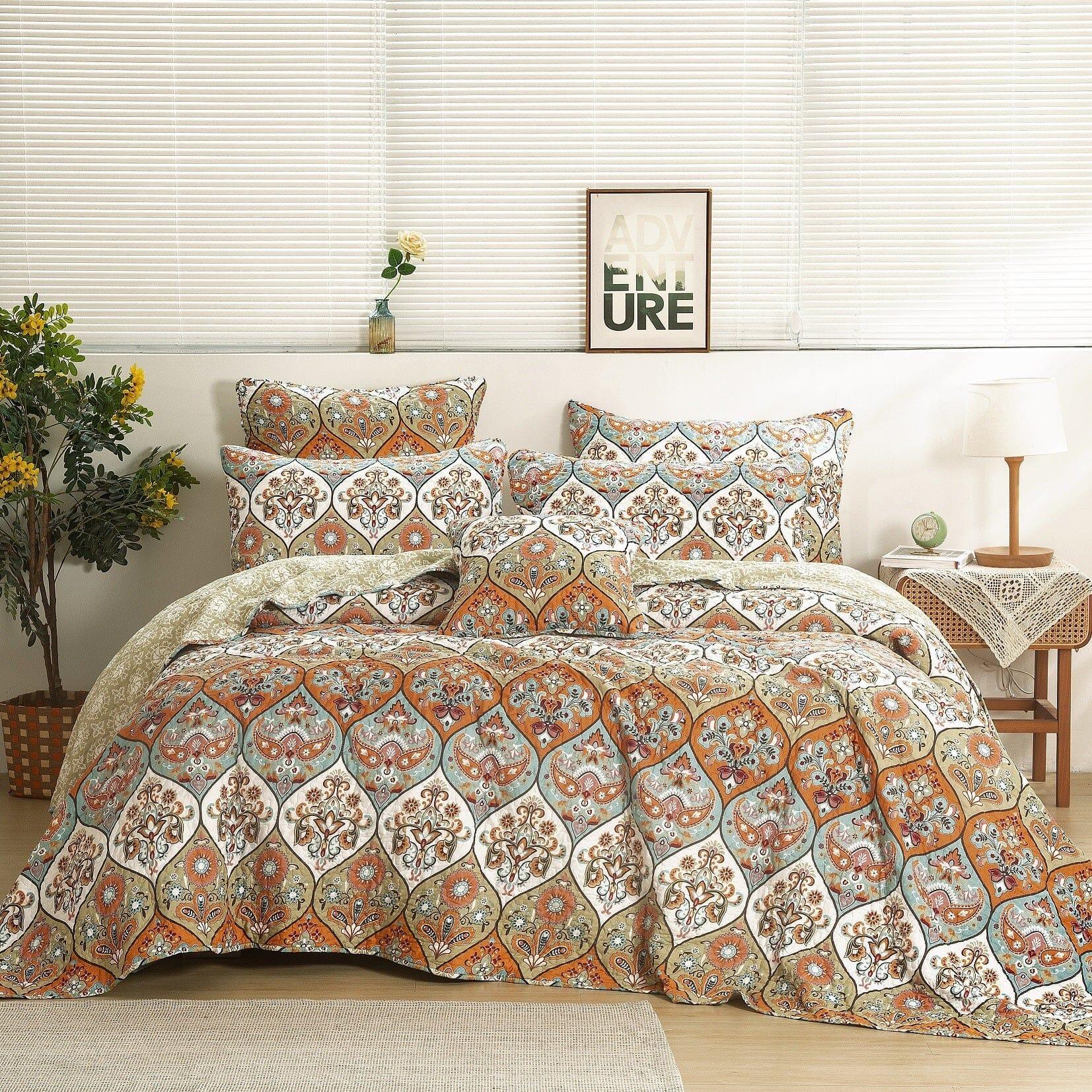 DaDa Bedding Bohemian Floral Paisley Garden Coral Teal Quilted Bedspread Set (LH1403)