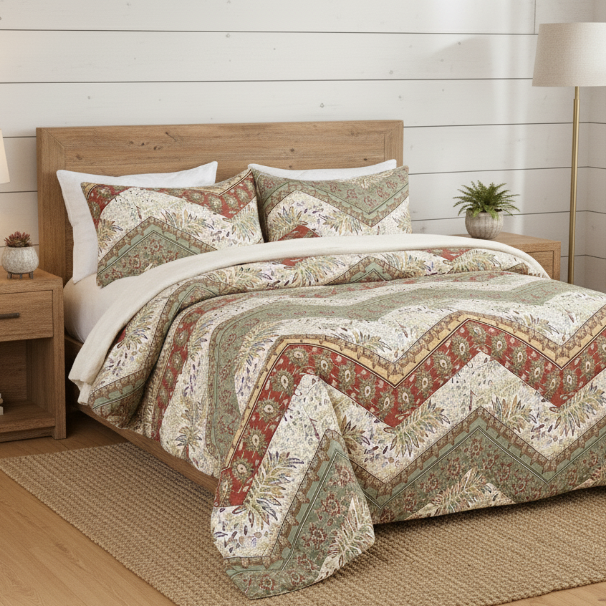 DaDa Bedding Botanical Cranberry Sage Chevron Floral Duvet Cover Set w/ Pillow Cases (JHW-924)