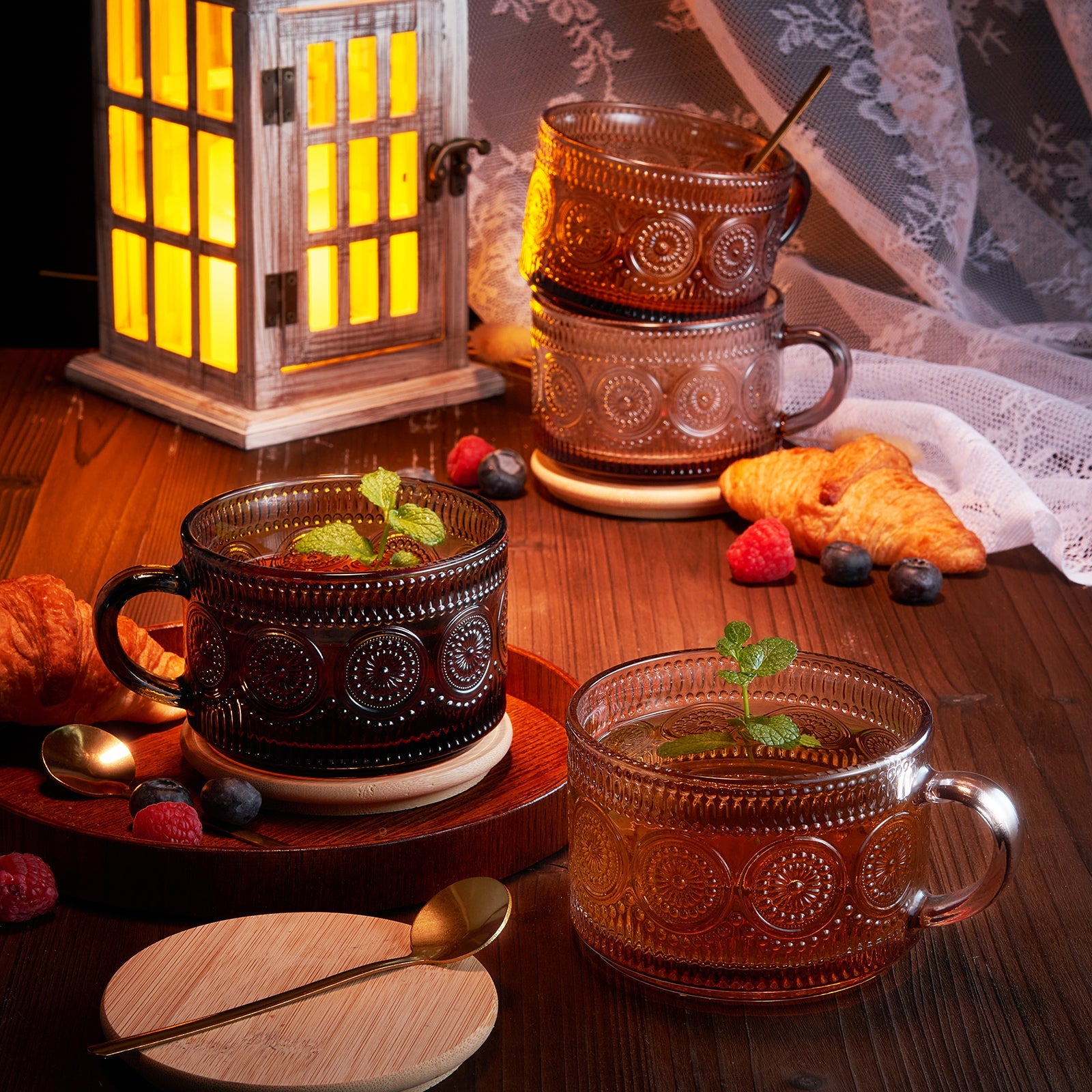 Colored Vintage Coffee Mug Set | Set of 4 | 15oz Unique Flower Hobnail Glasses, Overnight Oats Container with Gold Spoons - Embossed Cups Cute Coffee Bar Accessories, Glassware (Muted)