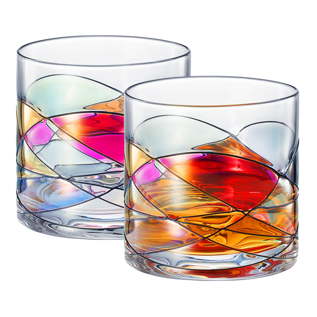 Artisanal Hand Painted Whiskey - Gift for Dad, Friends, Boyfriends, Renaissance Romantic Stain-glassed Windows Cocktail Glasses Set of 2 - Gift Idea for Birthday, Housewarming - 9.6 OZ Glassware