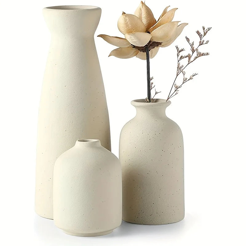 NNEOBA Set of 3 Ceramic Vases Rustic Farmhouse Decorative Beige