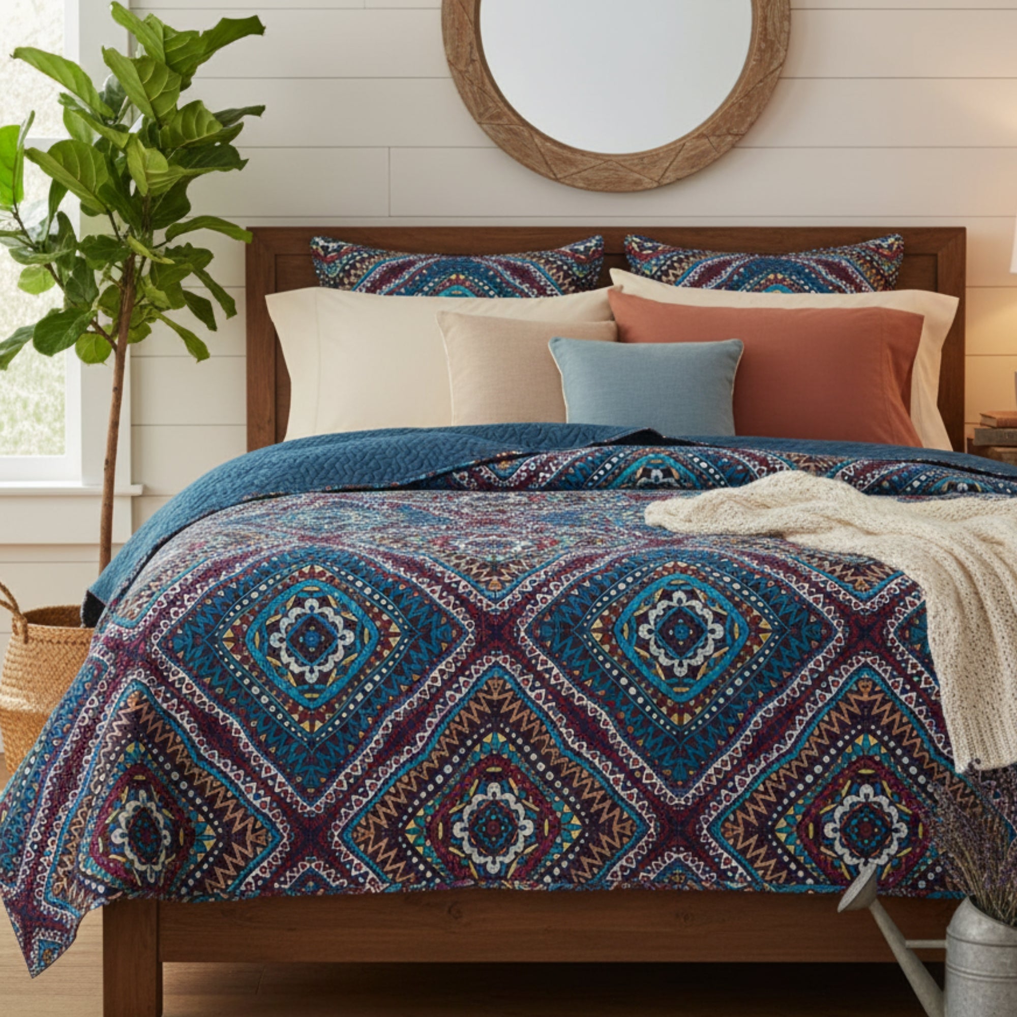DaDa Bedding Farmhouse Bohemian Native Rustic Navy Blue Geometric Diamond Shapes Bedspread Set (KSX-001)