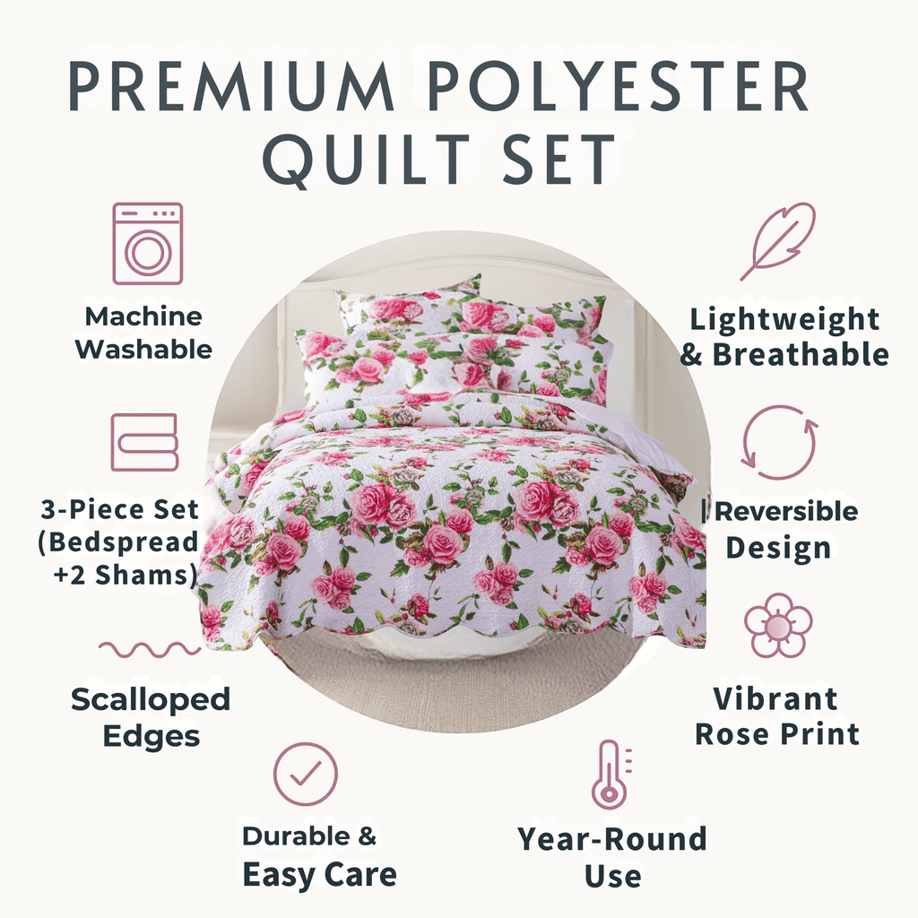 DaDa Bedding Romantic Roses Lovely Spring Pink Floral Quilted Scalloped Bedspread Set (JHW879)