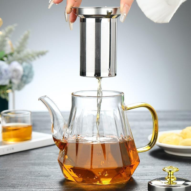 NNEDSZ Elegant Glass Teapot with Gold Handle and Stainless Steel Infuser - 800ml Capacity