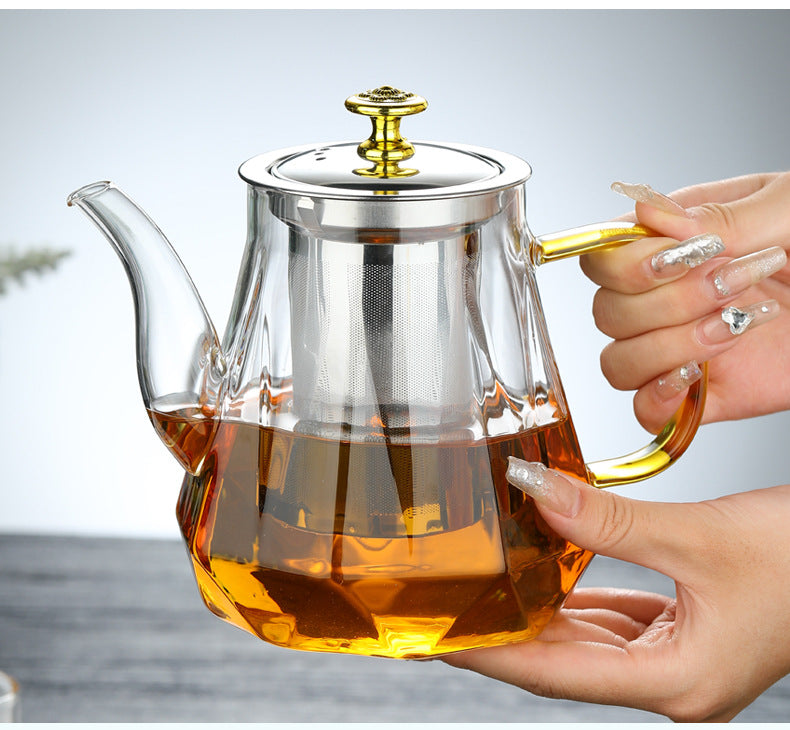 NNEDSZ Elegant Glass Teapot with Gold Handle and Stainless Steel Infuser - 800ml Capacity