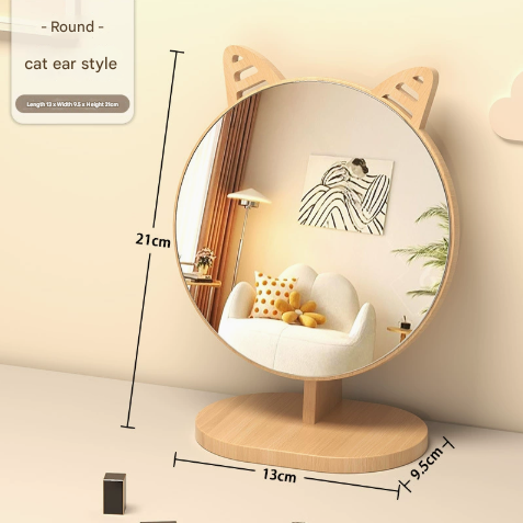 NNEDSZ Cartoon Cat Ear Mirror Tabletop Makeup Mirror - Large Wooden Swivel Vanity Mirror for Desk