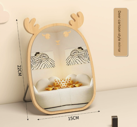 NNEDSZ Deer Cartoon Mirror Tabletop Makeup Mirror - Large Wooden Swivel Vanity Mirror for Desk