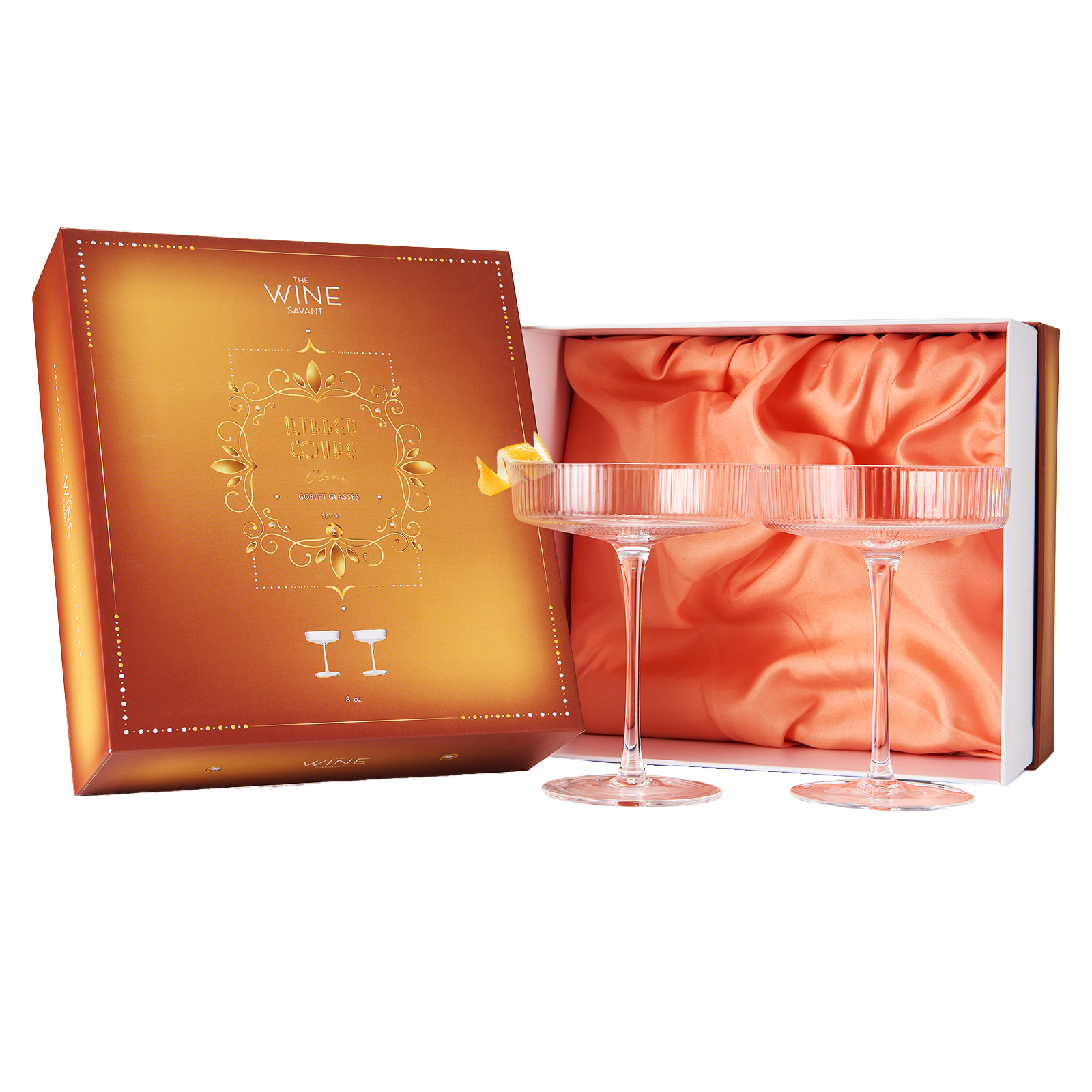 Vintage Art Deco Coupe Glasses Ribbed Coupe Cocktail Glasses 8 oz | Set of 2 | Crystal Cocktail Glassware for Champagne Classic Manhattan Goblet For Cocktails , Ripple Coupe Glassware - Gift Box