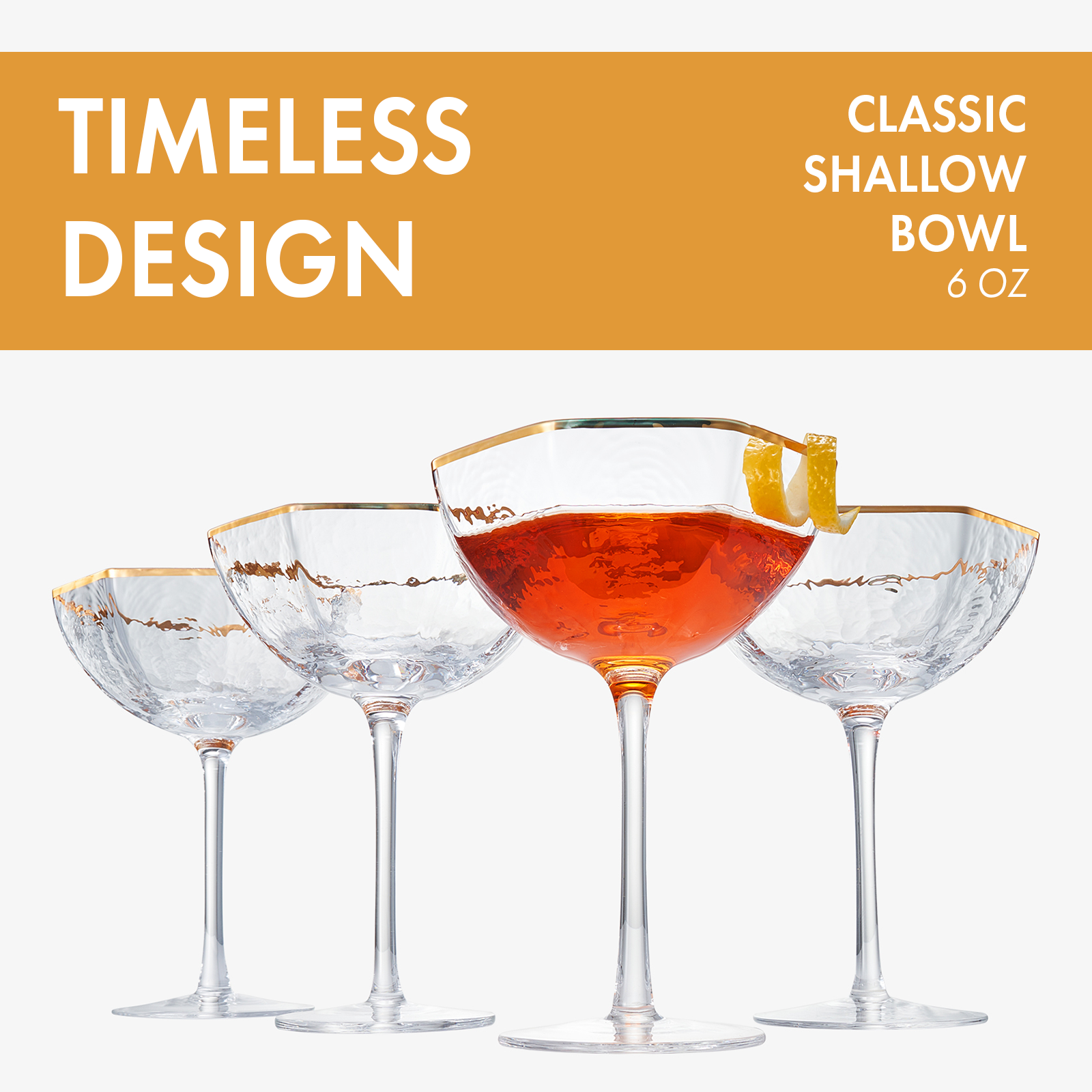 Vintage Crystal Champagne Coupe Gold Rim Hexagonal Angled Glasses | Set of 4 | 6 oz, Art Deco Rim Classic Cocktail Glassware - Martini, Cosmopolitan, Sidecar, Daiquiri | 1920s Style Saucer Goblets